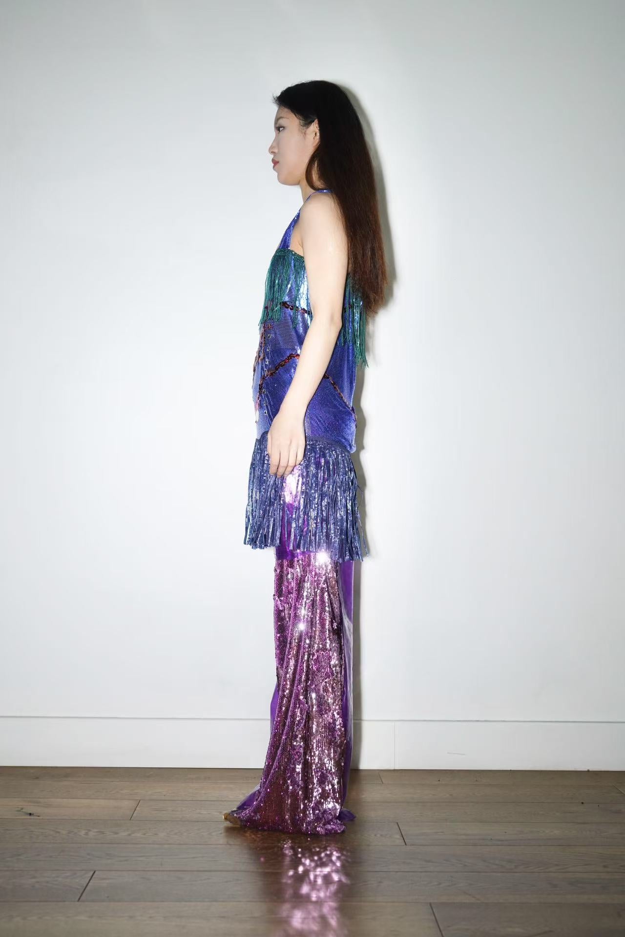 YAONOVA Blue Chainmail Fringe Dress