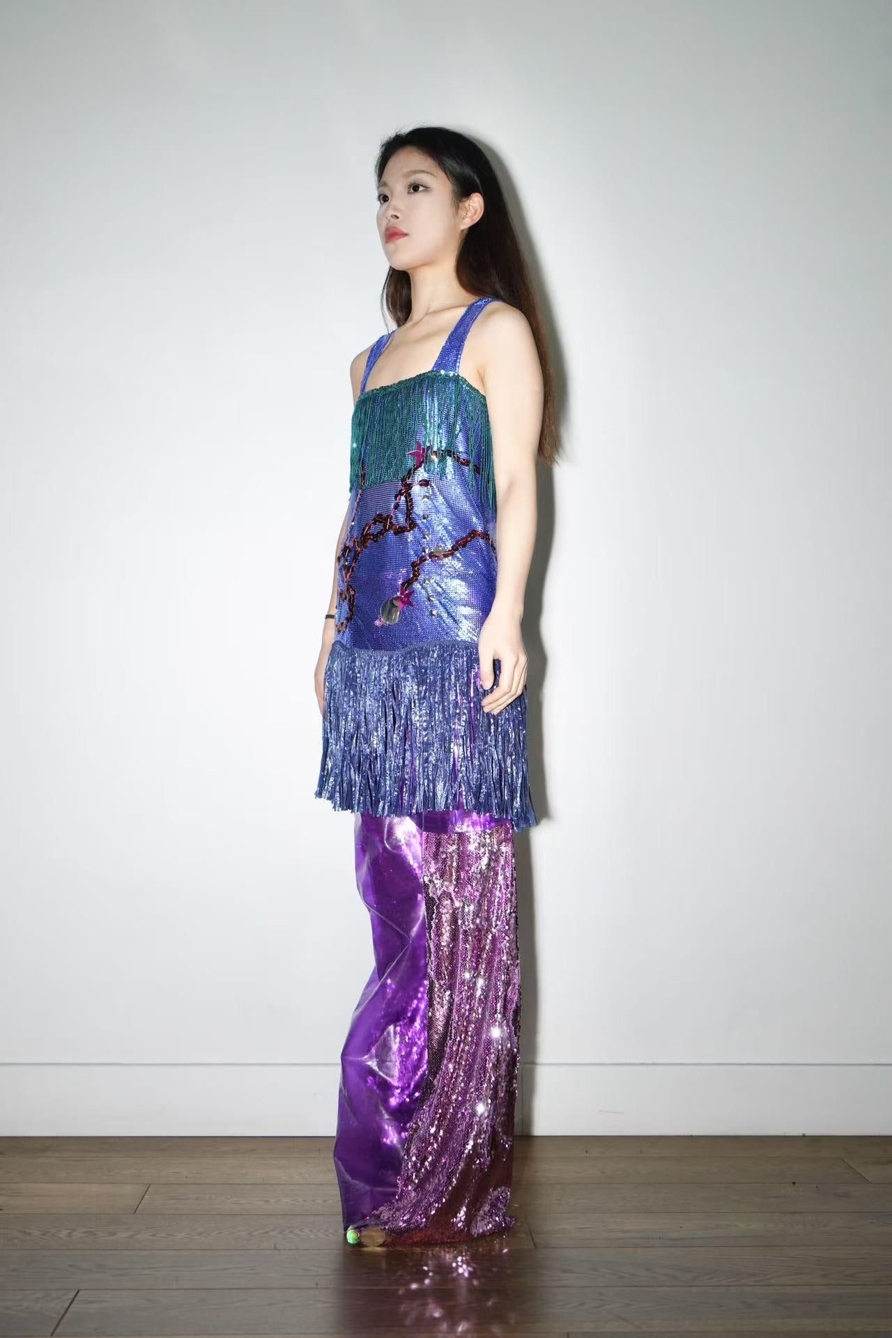 YAONOVA Blue Chainmail Fringe Dress