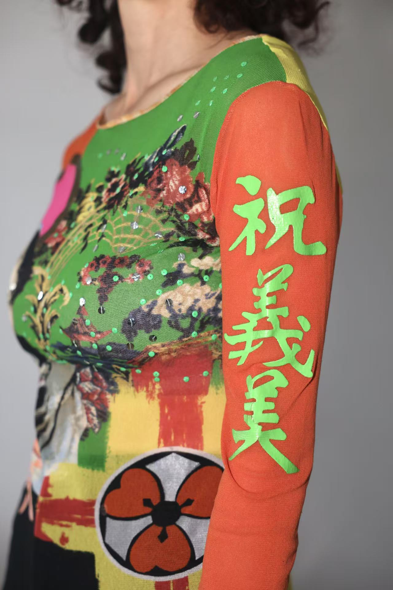 Jean Paul Gaultier Vintage Mesh Portrait Top with Chinese Characters