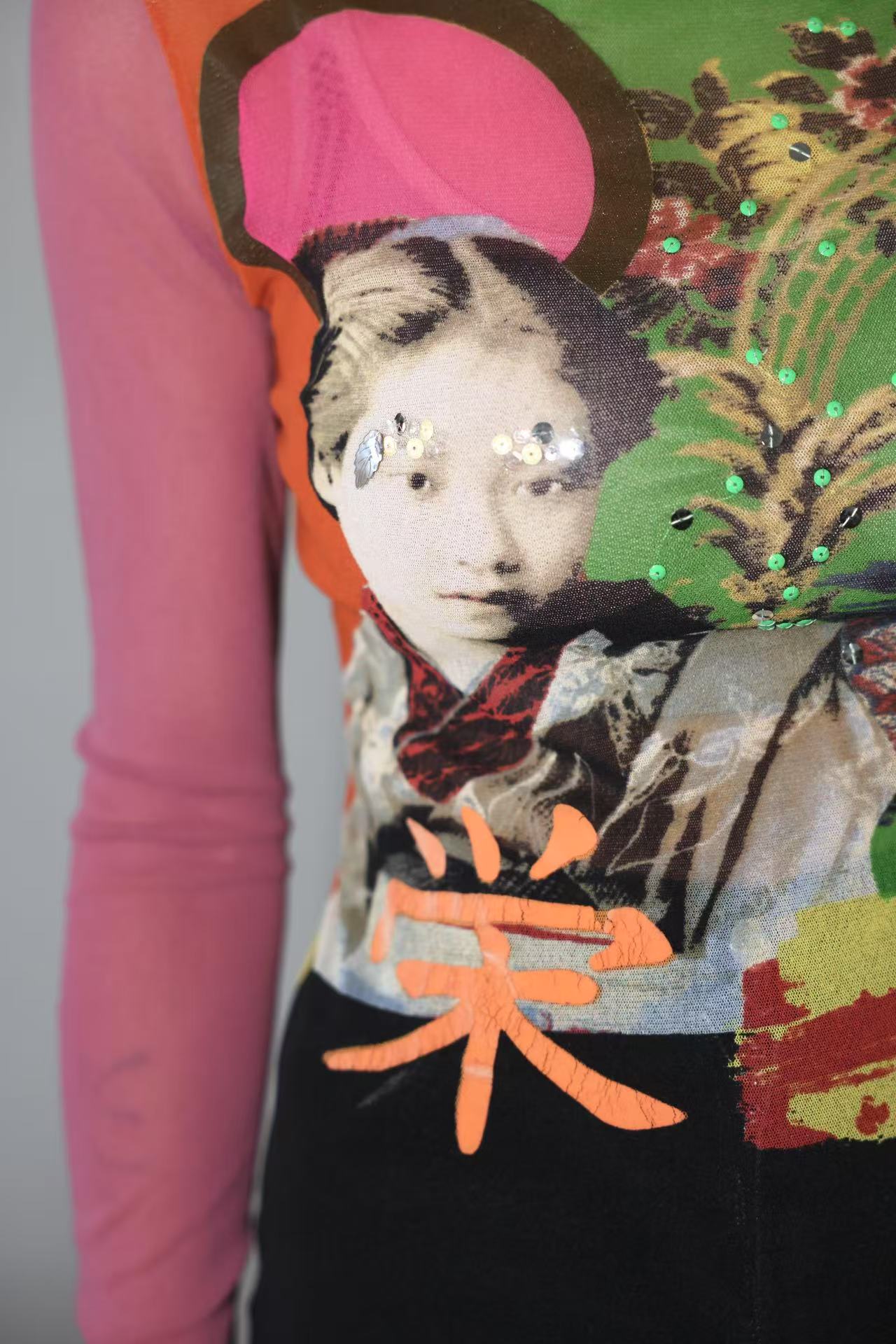 Jean Paul Gaultier Vintage Mesh Portrait Top with Chinese Characters