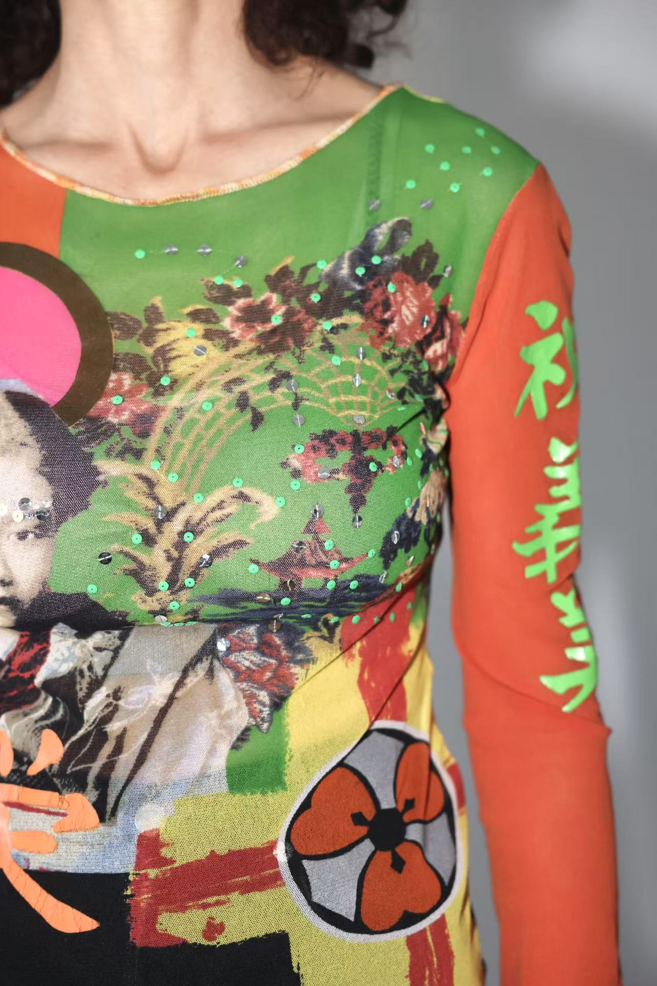 Jean Paul Gaultier Vintage Mesh Portrait Top with Chinese Characters