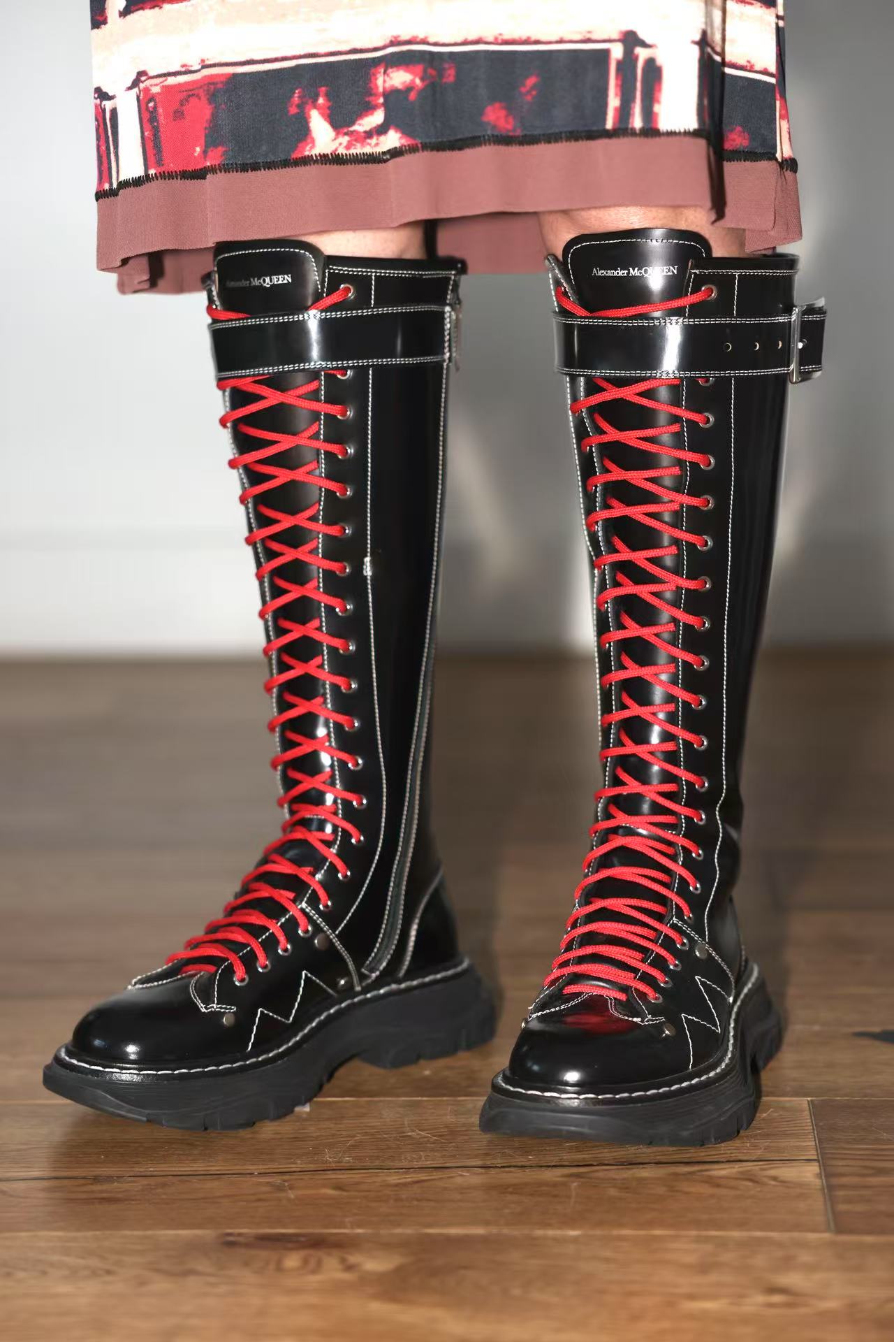 Alexander McQueen Red-Laced Combat Tall Boots