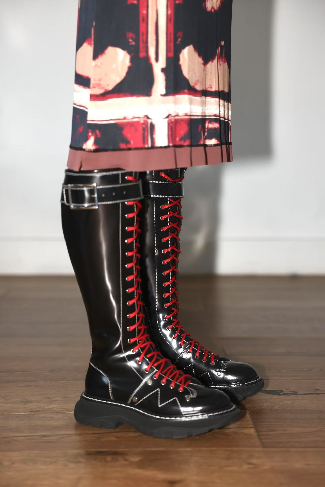 Alexander McQueen Red-Laced Combat Tall Boots