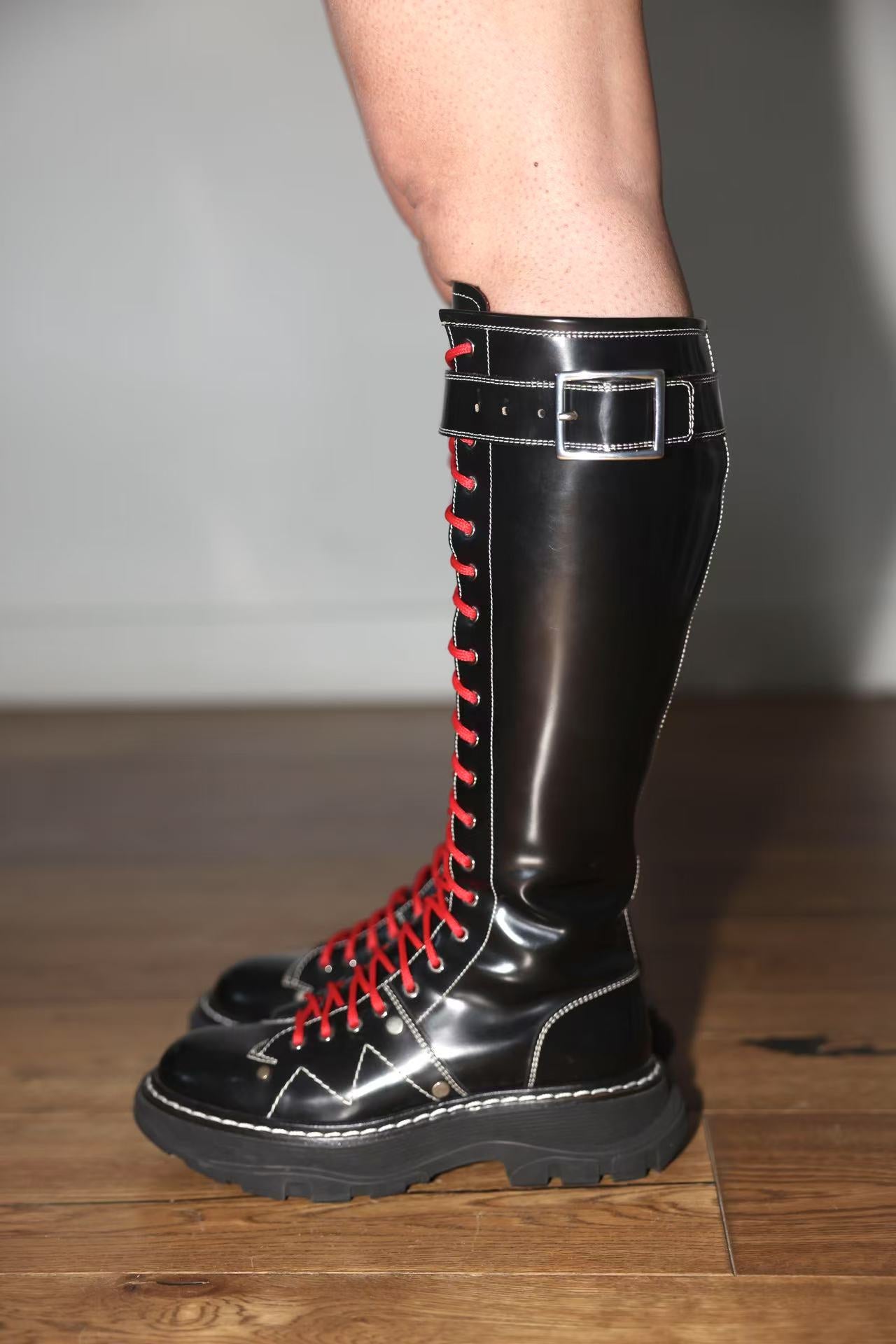 Alexander McQueen Red-Laced Combat Tall Boots