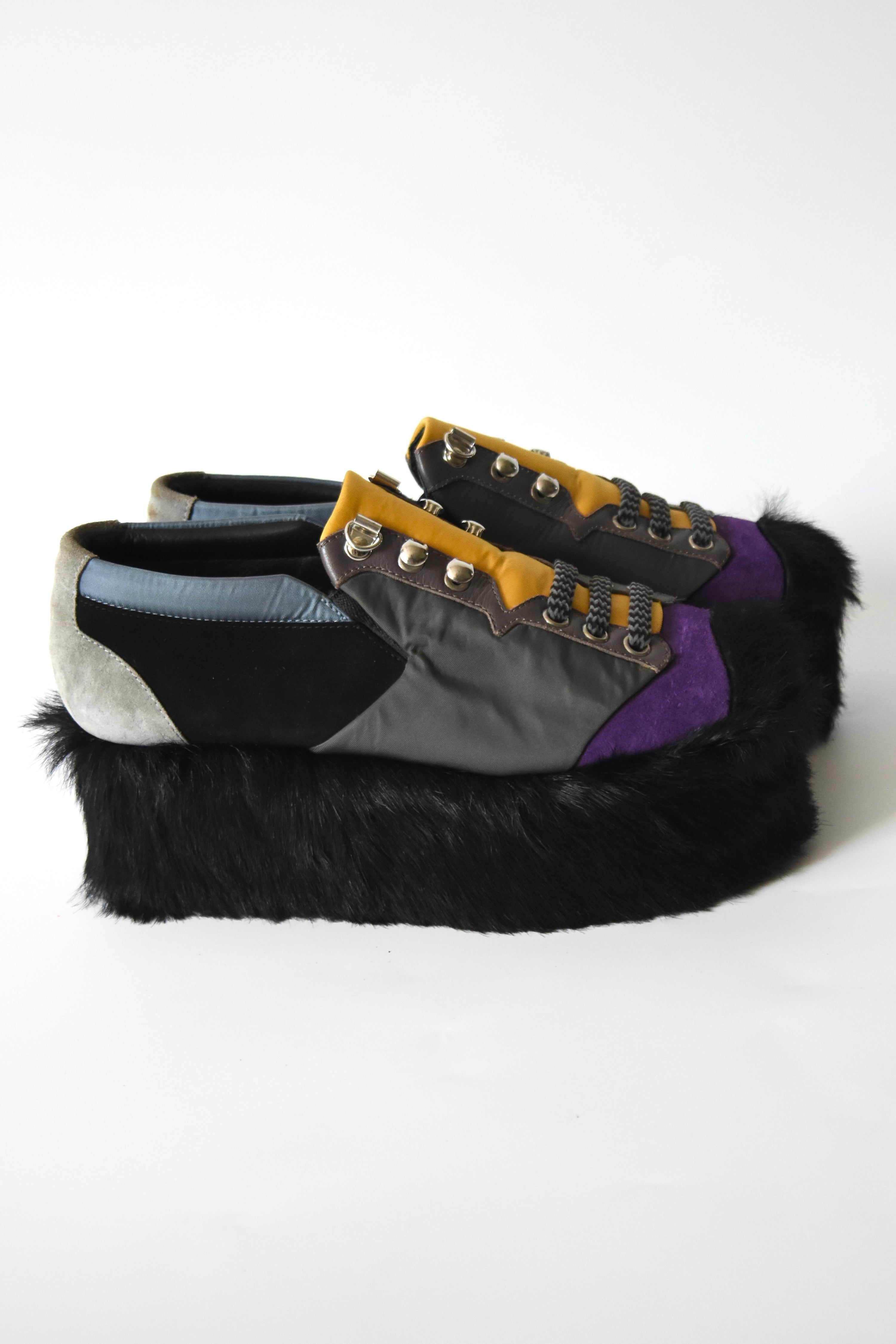 Fendi Multi-Panel Faux Fur Platform Sneakers (Purple-Yellow Mountaineer Hybrid in Faux Hair Sole)