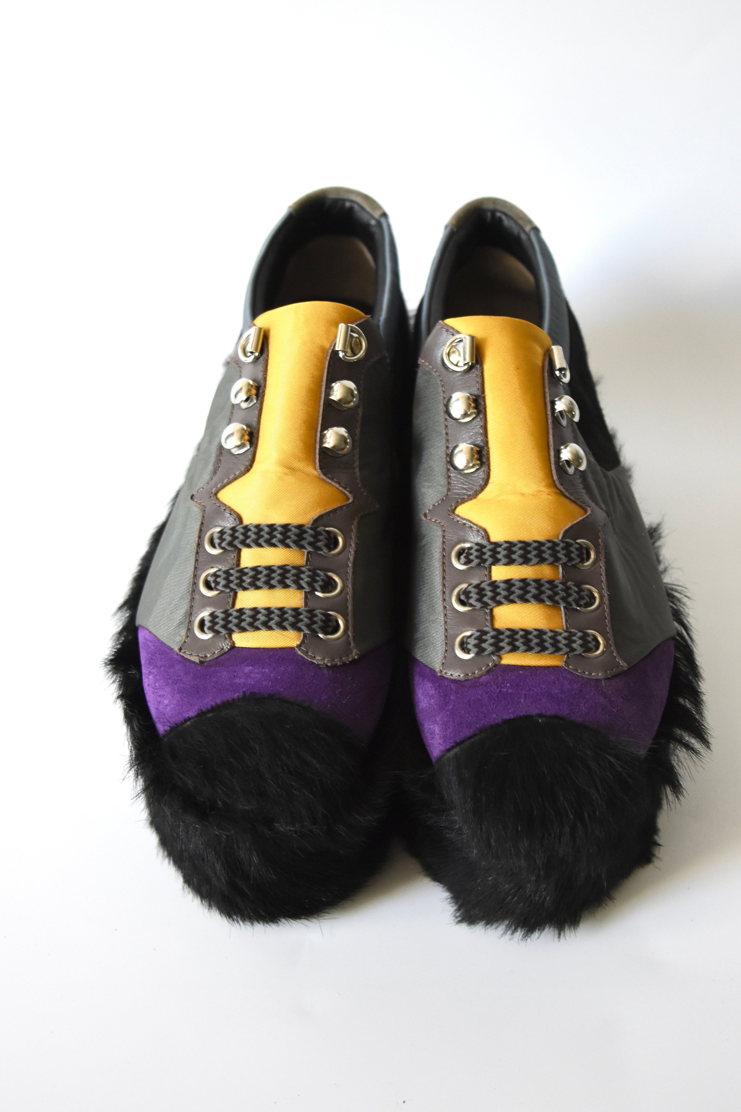 Fendi Multi-Panel Faux Fur Platform Sneakers (Purple-Yellow Mountaineer Hybrid in Faux Hair Sole)