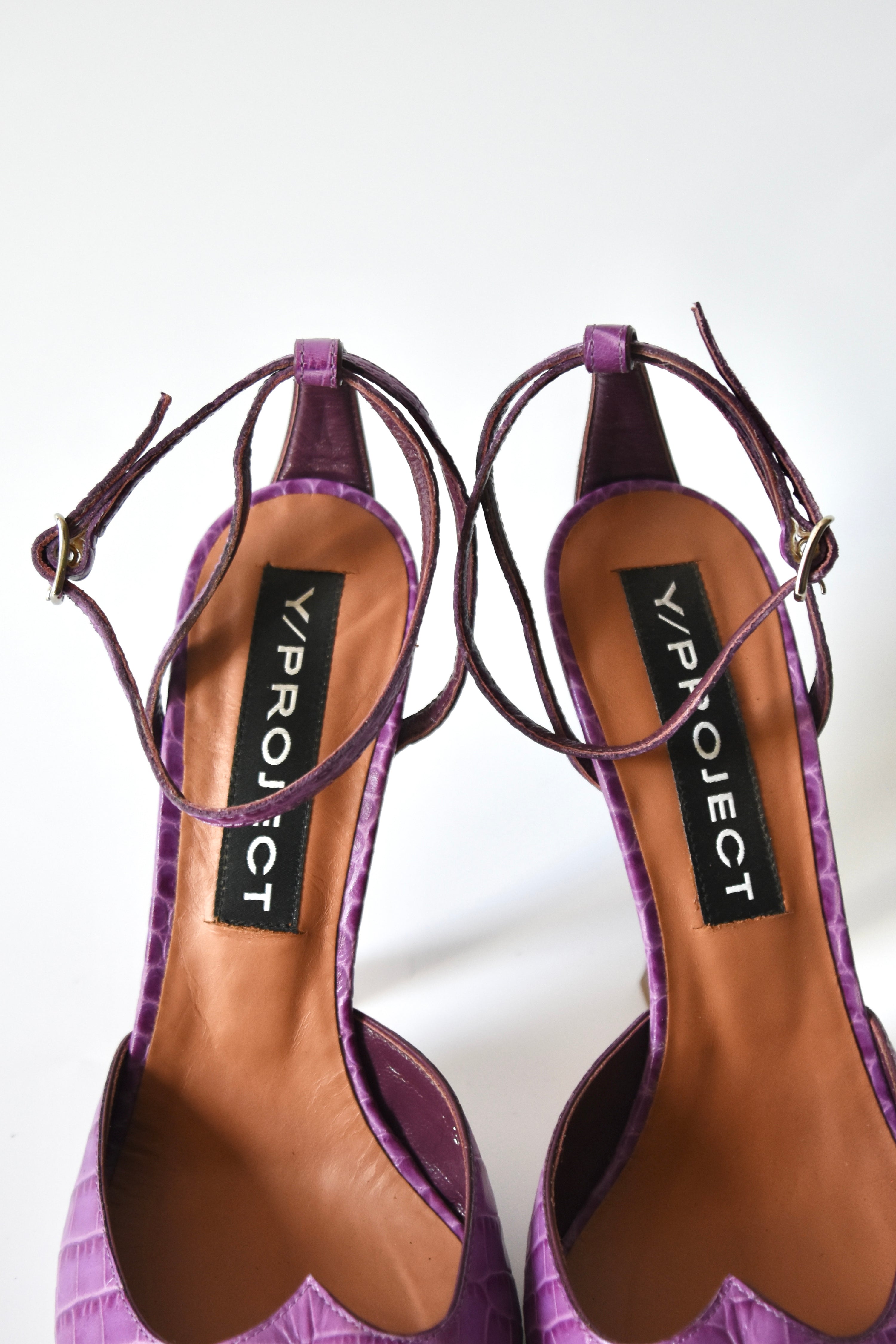 Y/Project Croc-Embossed Sculpted Split-Toe Pumps (Lavender Violet with Ankle Strap – Made in Italy)