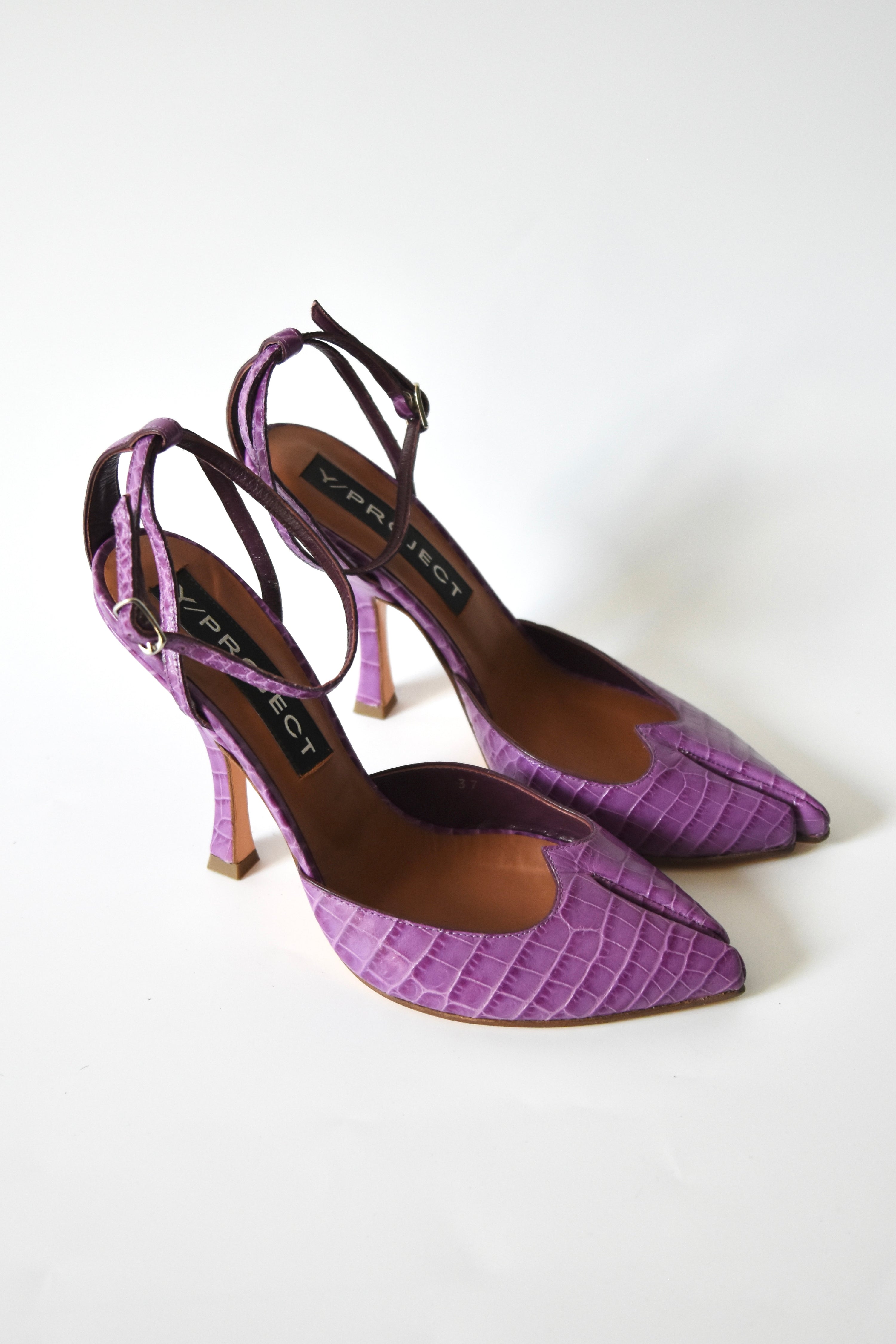 Y/Project Croc-Embossed Sculpted Split-Toe Pumps (Lavender Violet with Ankle Strap – Made in Italy)