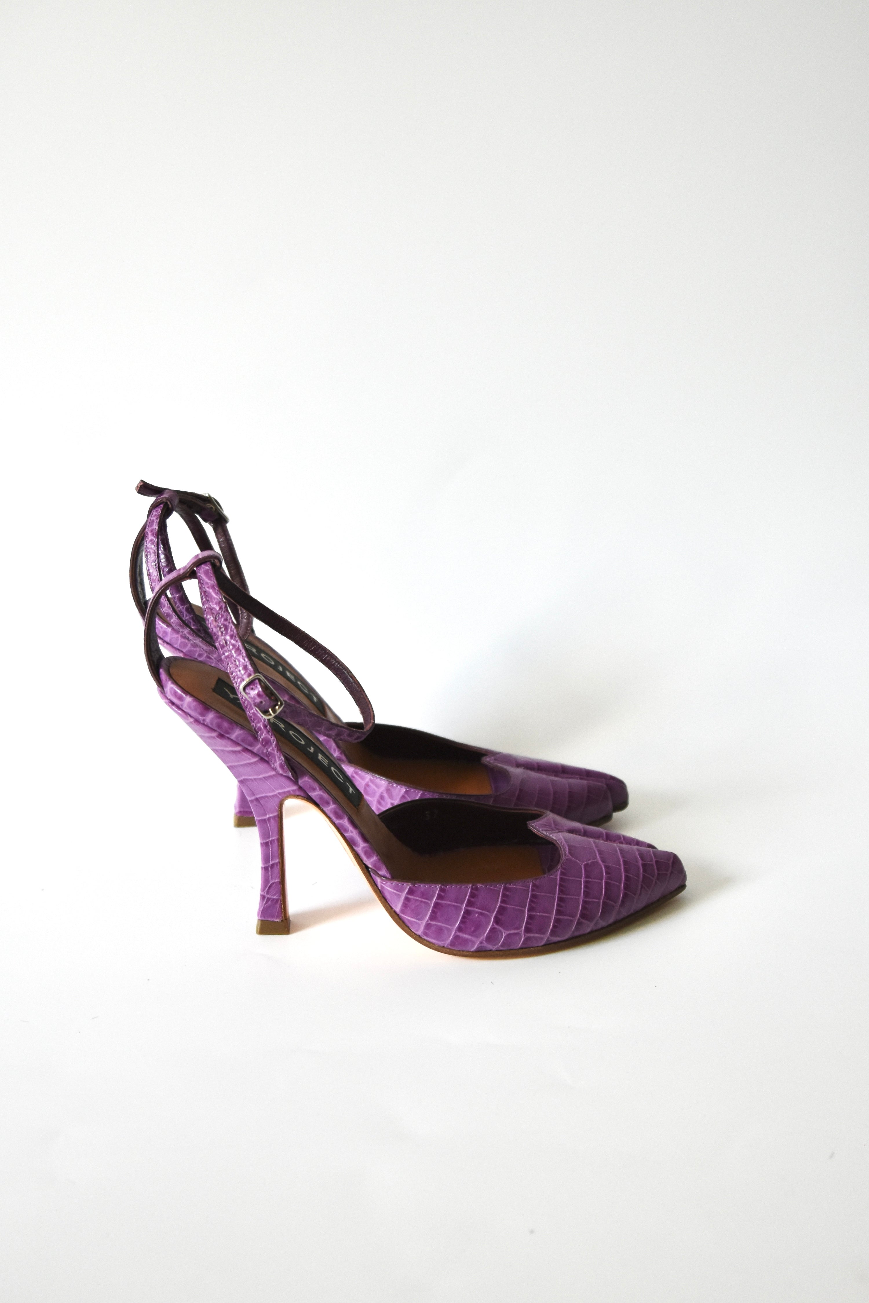Y/Project Croc-Embossed Sculpted Split-Toe Pumps (Lavender Violet with Ankle Strap – Made in Italy)