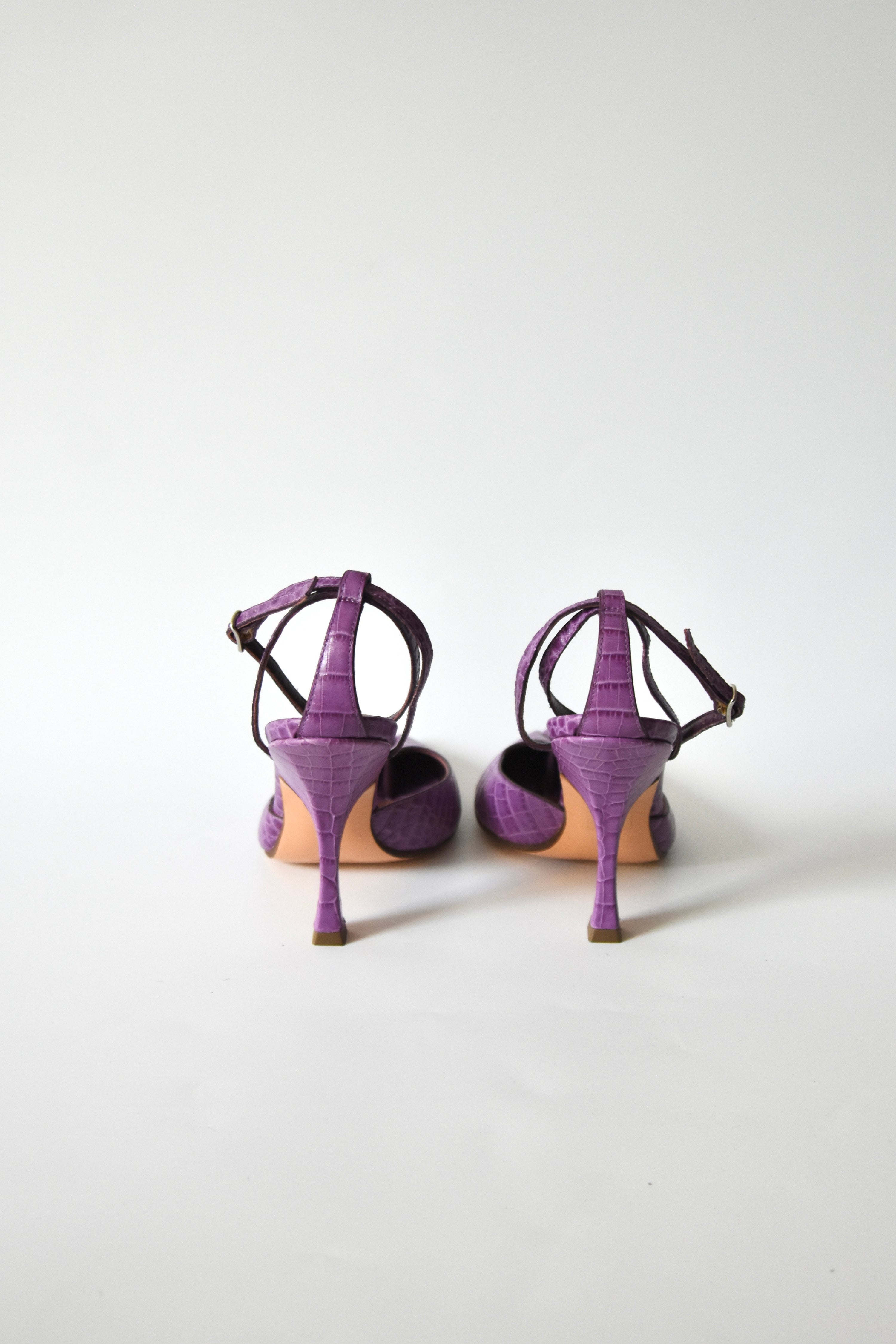 Y/Project Croc-Embossed Sculpted Split-Toe Pumps (Lavender Violet with Ankle Strap – Made in Italy)