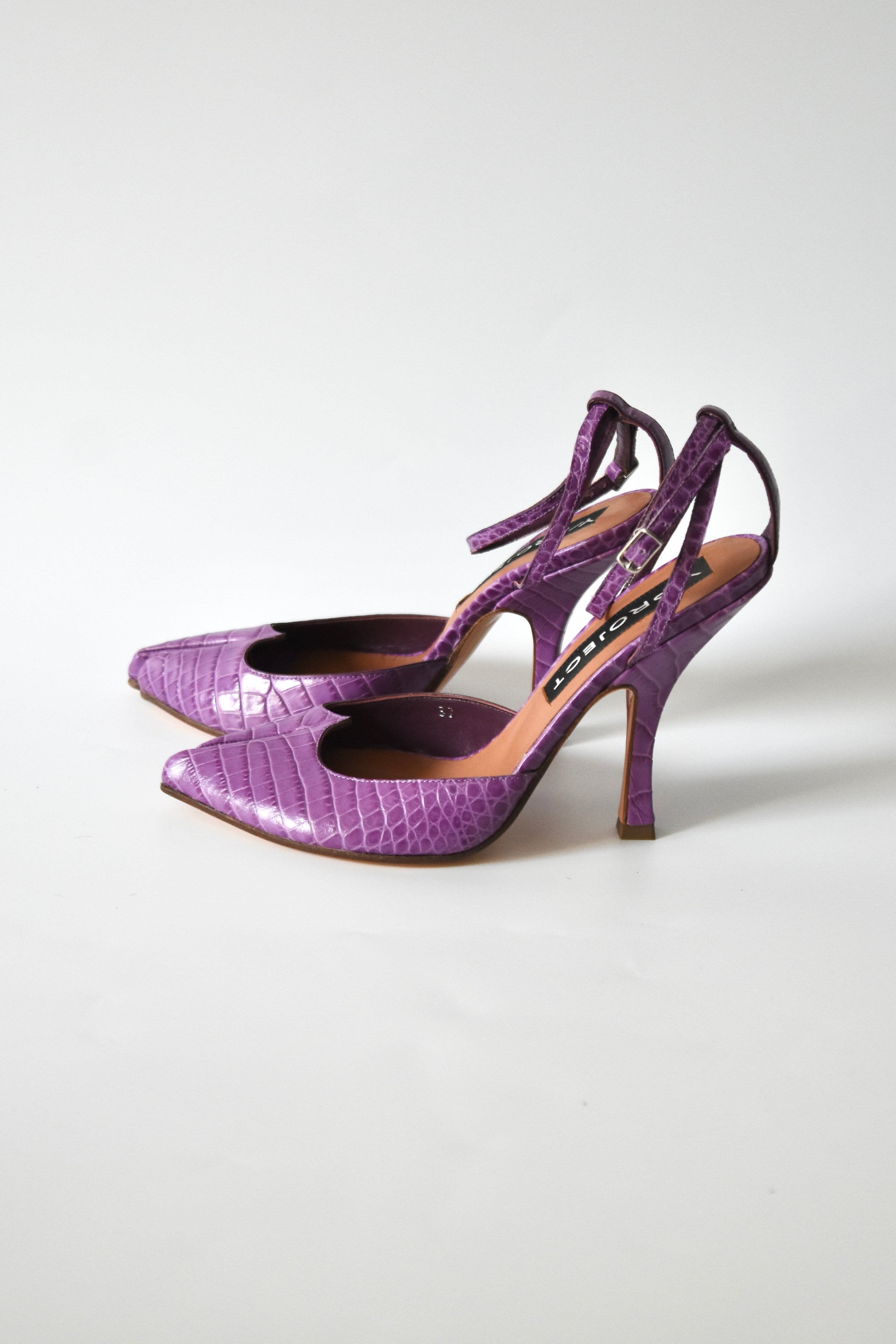 Y/Project Croc-Embossed Sculpted Split-Toe Pumps (Lavender Violet with Ankle Strap – Made in Italy)