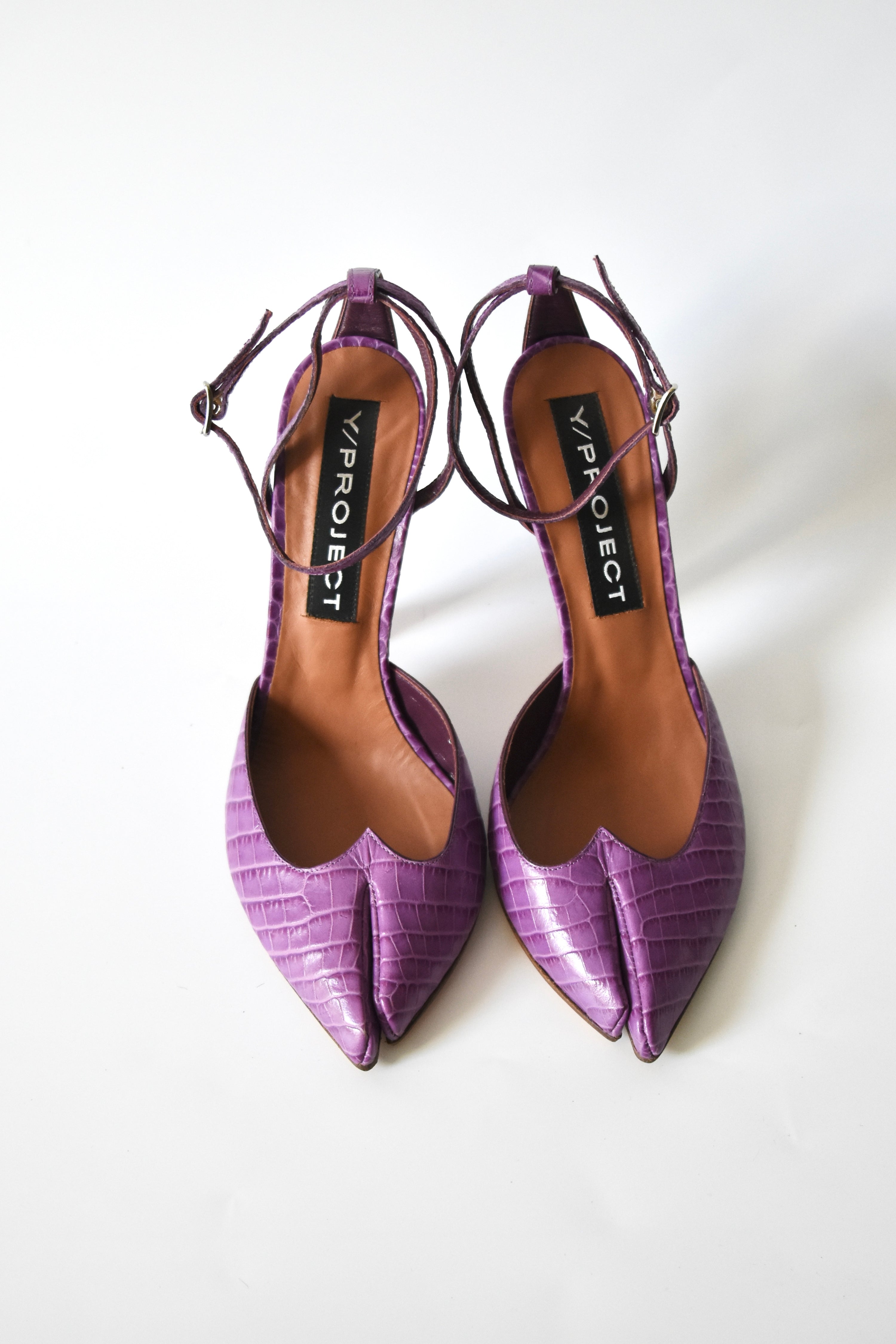 Y/Project Croc-Embossed Sculpted Split-Toe Pumps (Lavender Violet with Ankle Strap – Made in Italy)