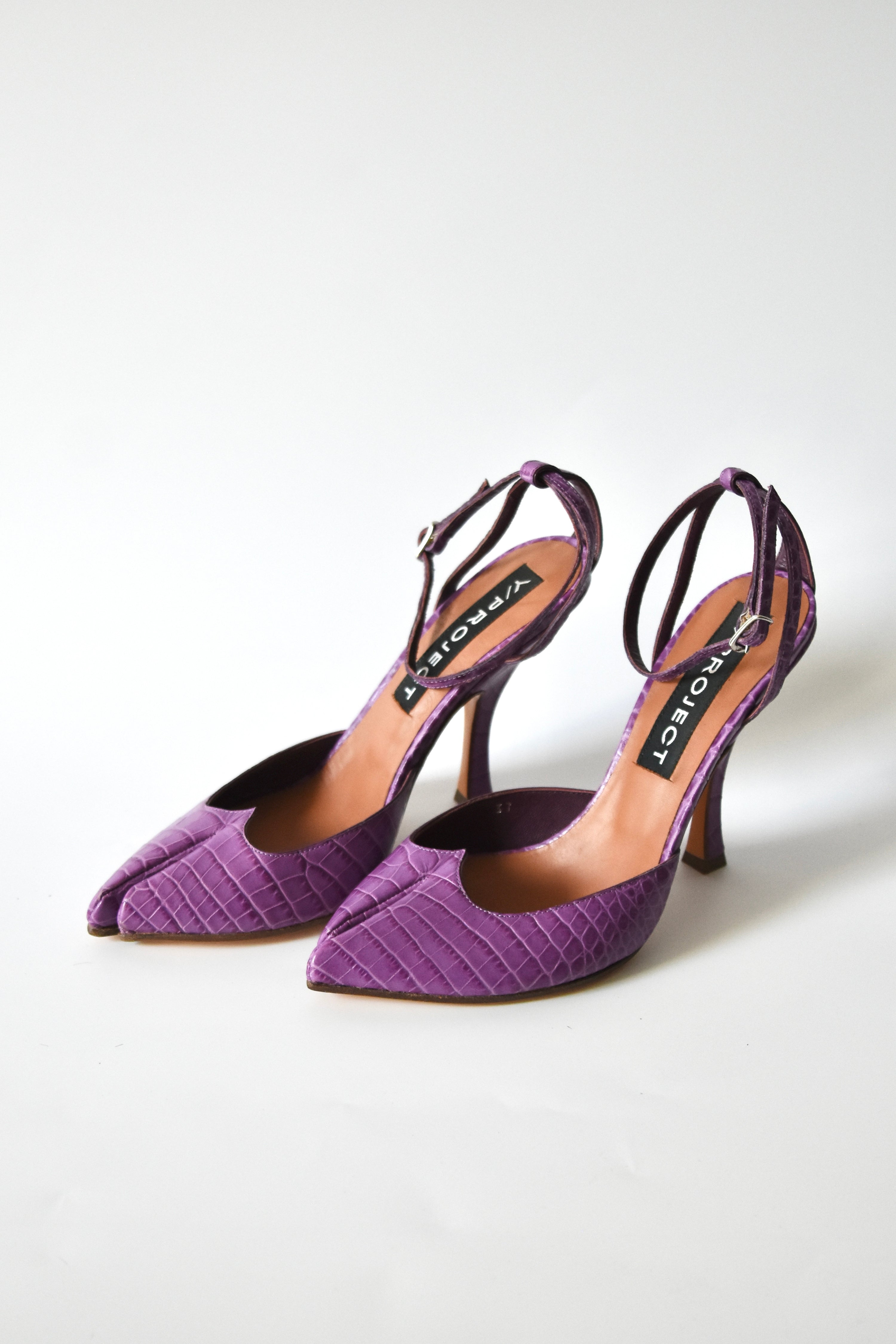 Y/Project Croc-Embossed Sculpted Split-Toe Pumps (Lavender Violet with Ankle Strap – Made in Italy)
