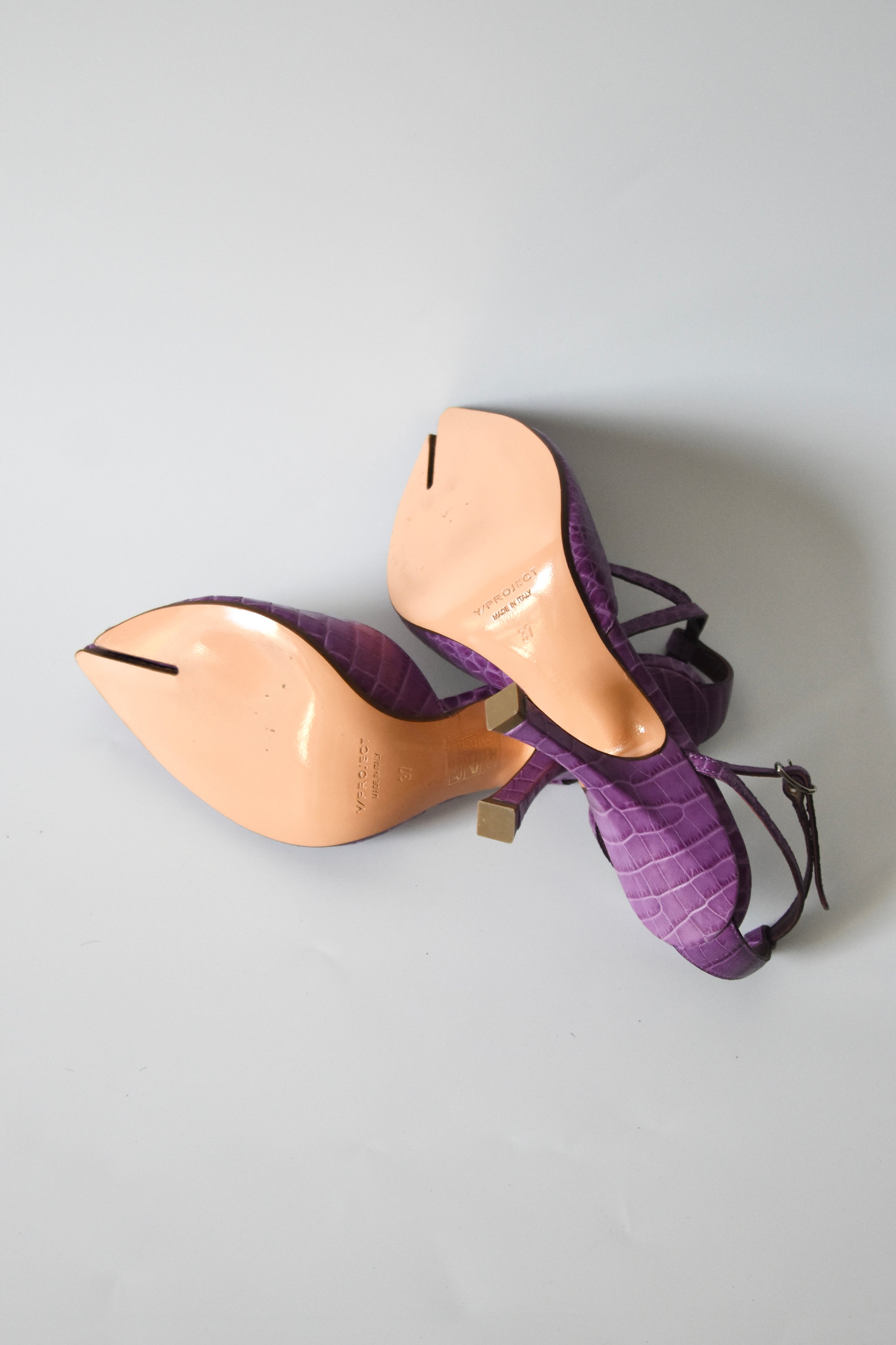 Y/Project Croc-Embossed Sculpted Split-Toe Pumps (Lavender Violet with Ankle Strap – Made in Italy)