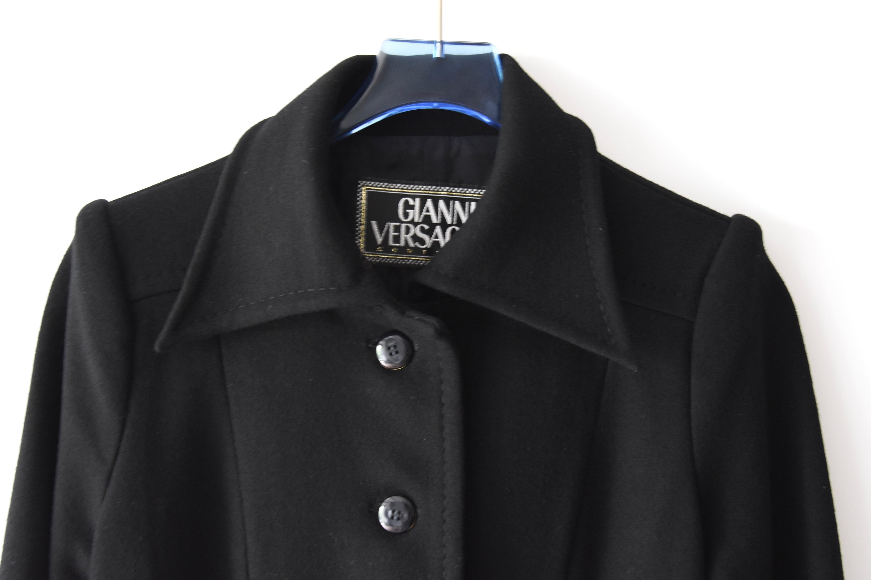 Gianni Versace Couture Vintage Black Wool Coat with Structured Collar & Full Button Front (Rare 90s Archive Piece)