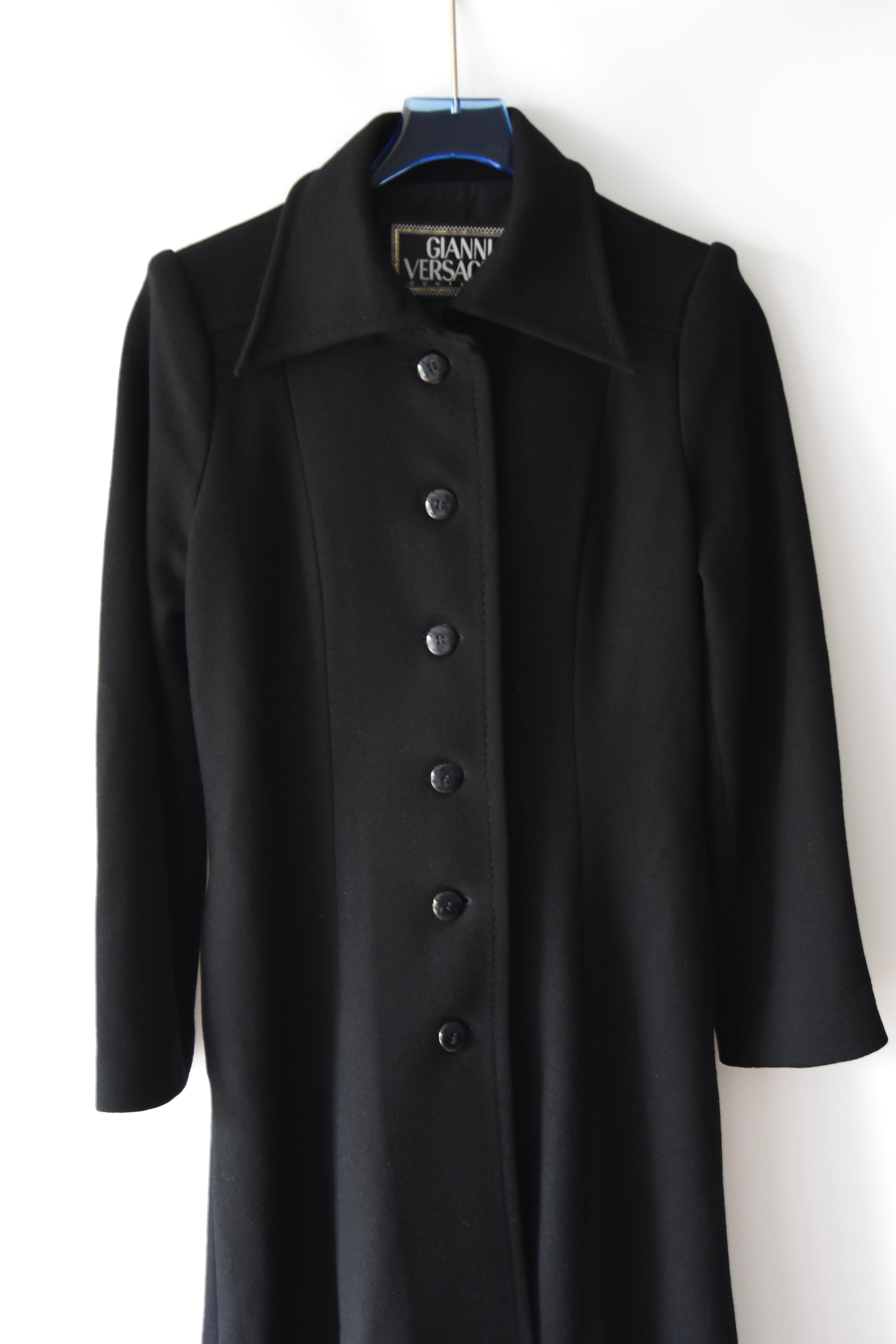 Gianni Versace Couture Vintage Black Wool Coat with Structured Collar & Full Button Front (Rare 90s Archive Piece)