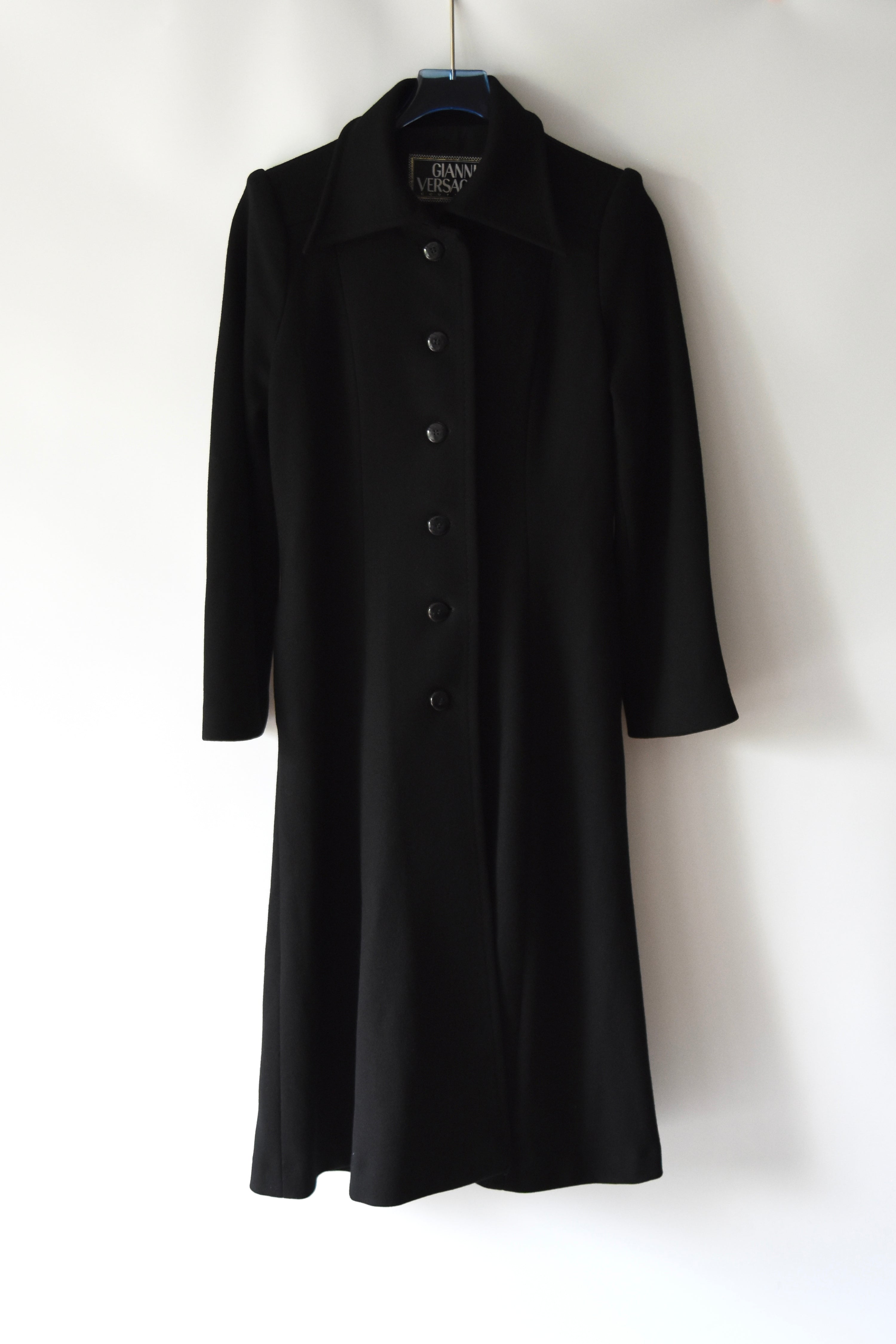 Gianni Versace Couture Vintage Black Wool Coat with Structured Collar & Full Button Front (Rare 90s Archive Piece)