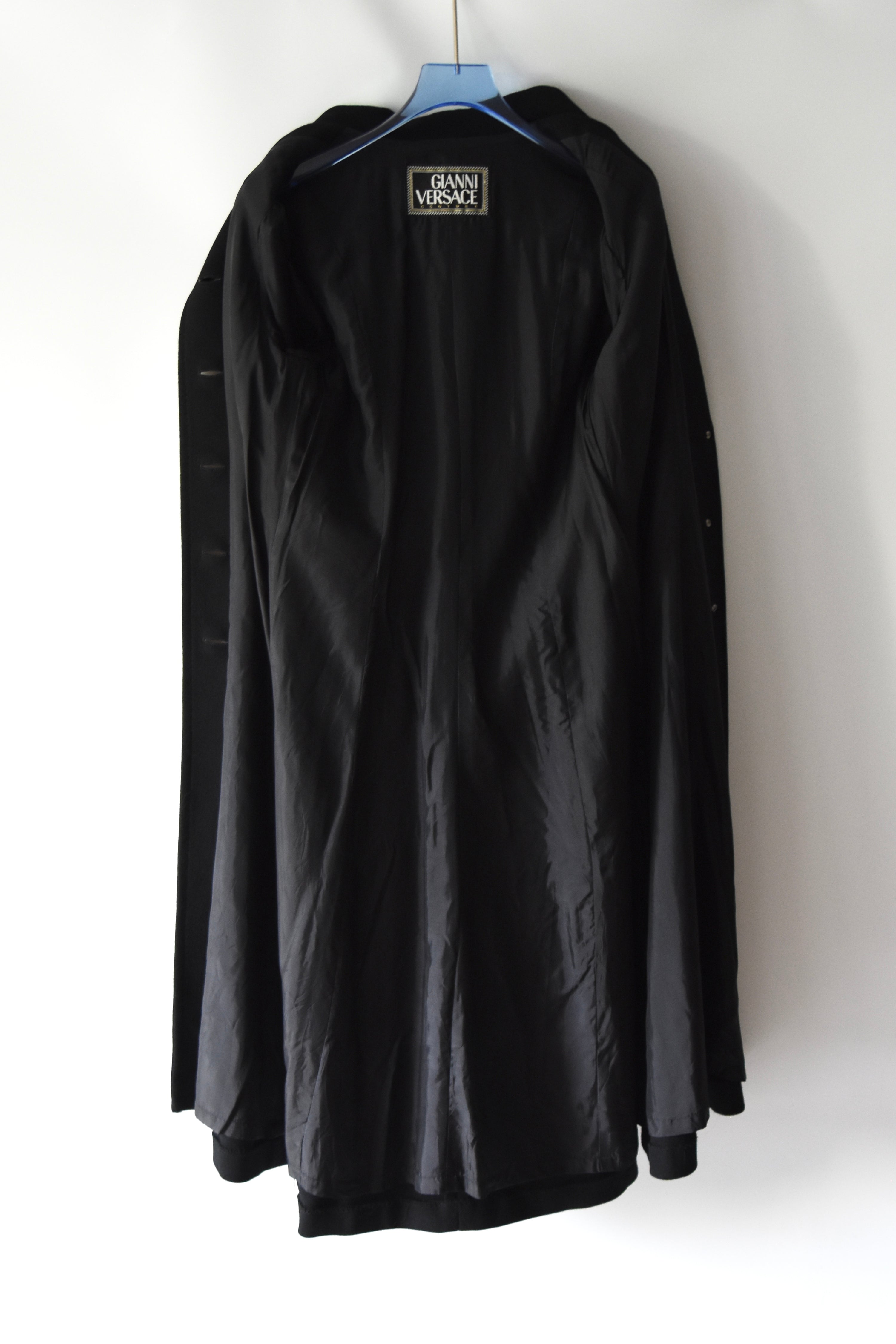 Gianni Versace Couture Vintage Black Wool Coat with Structured Collar & Full Button Front (Rare 90s Archive Piece)