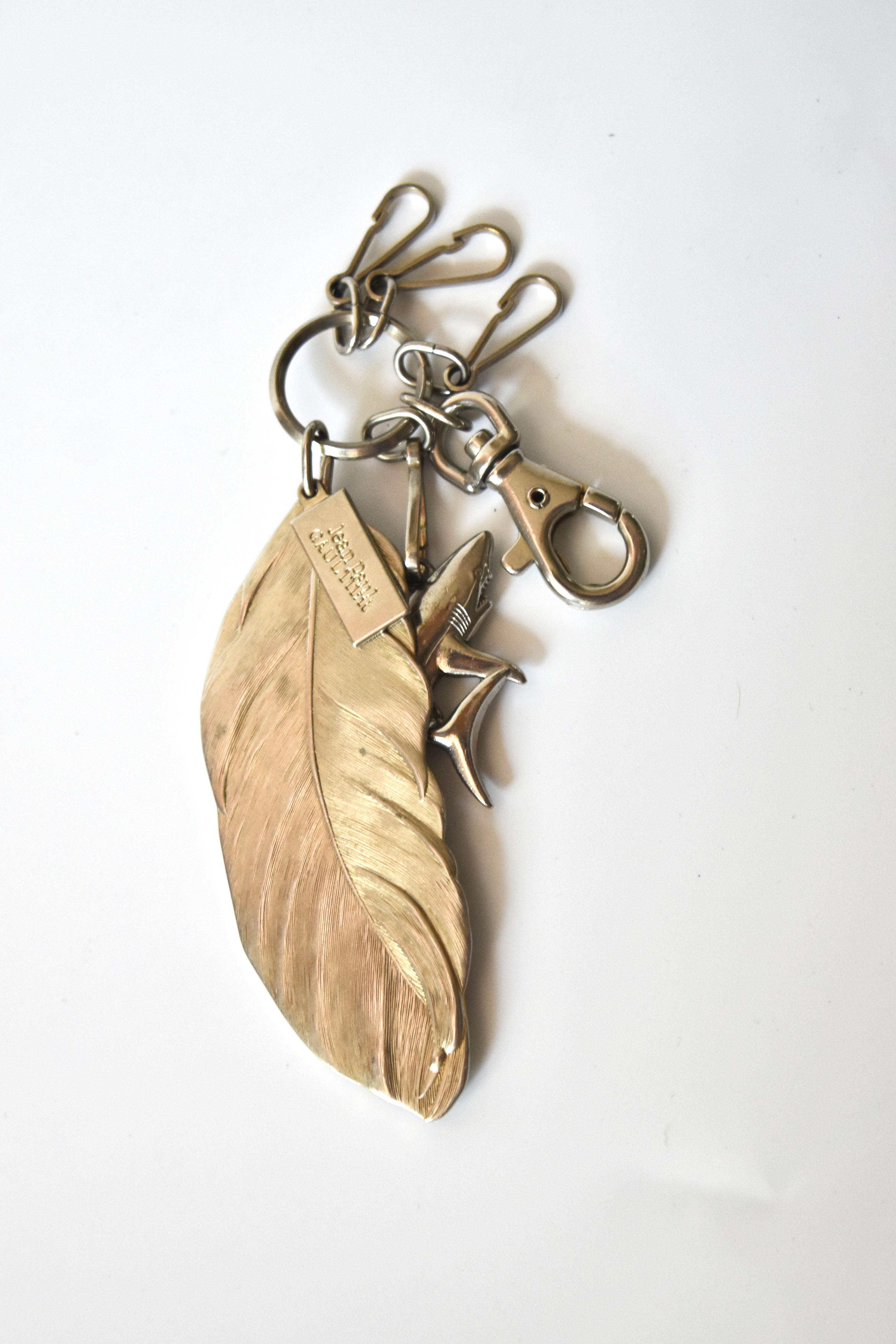 Jean Paul Gaultier Vintage Multi-Charm Metal Keyring with Feather, Shark & Carabiner Hooks (Rare Archive Accessory)