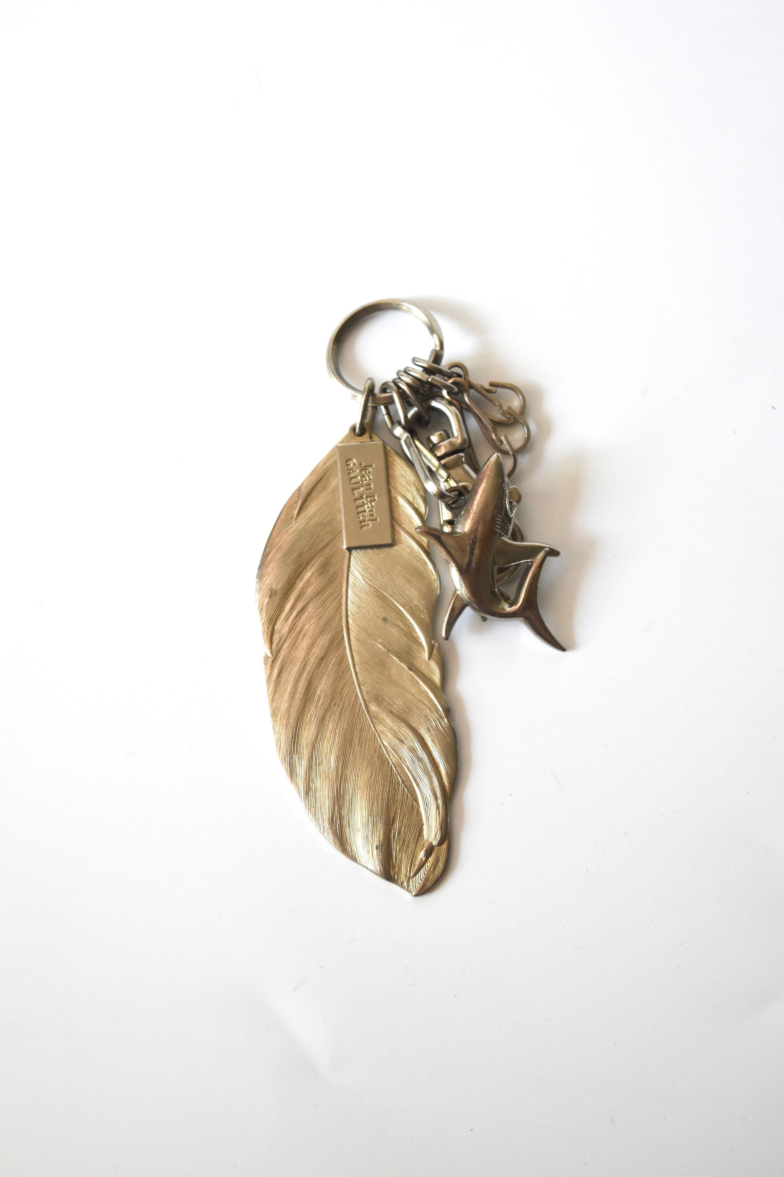Jean Paul Gaultier Vintage Multi-Charm Metal Keyring with Feather, Shark & Carabiner Hooks (Rare Archive Accessory)