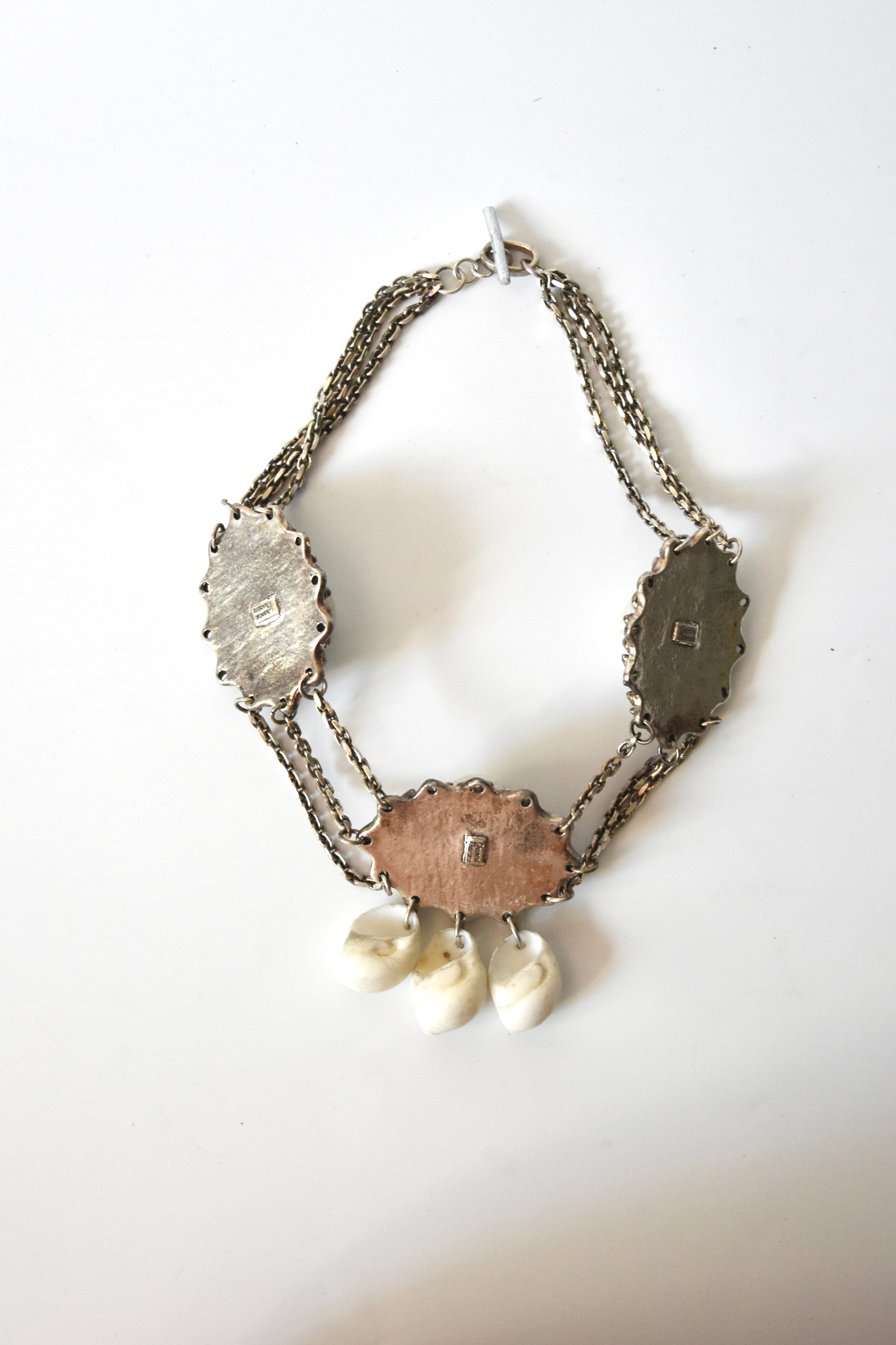 Chantal Thomass Vintage Triple Medallion Shell Necklace with Layered Chains & Dangle Drops (Rare Archive Jewelry)