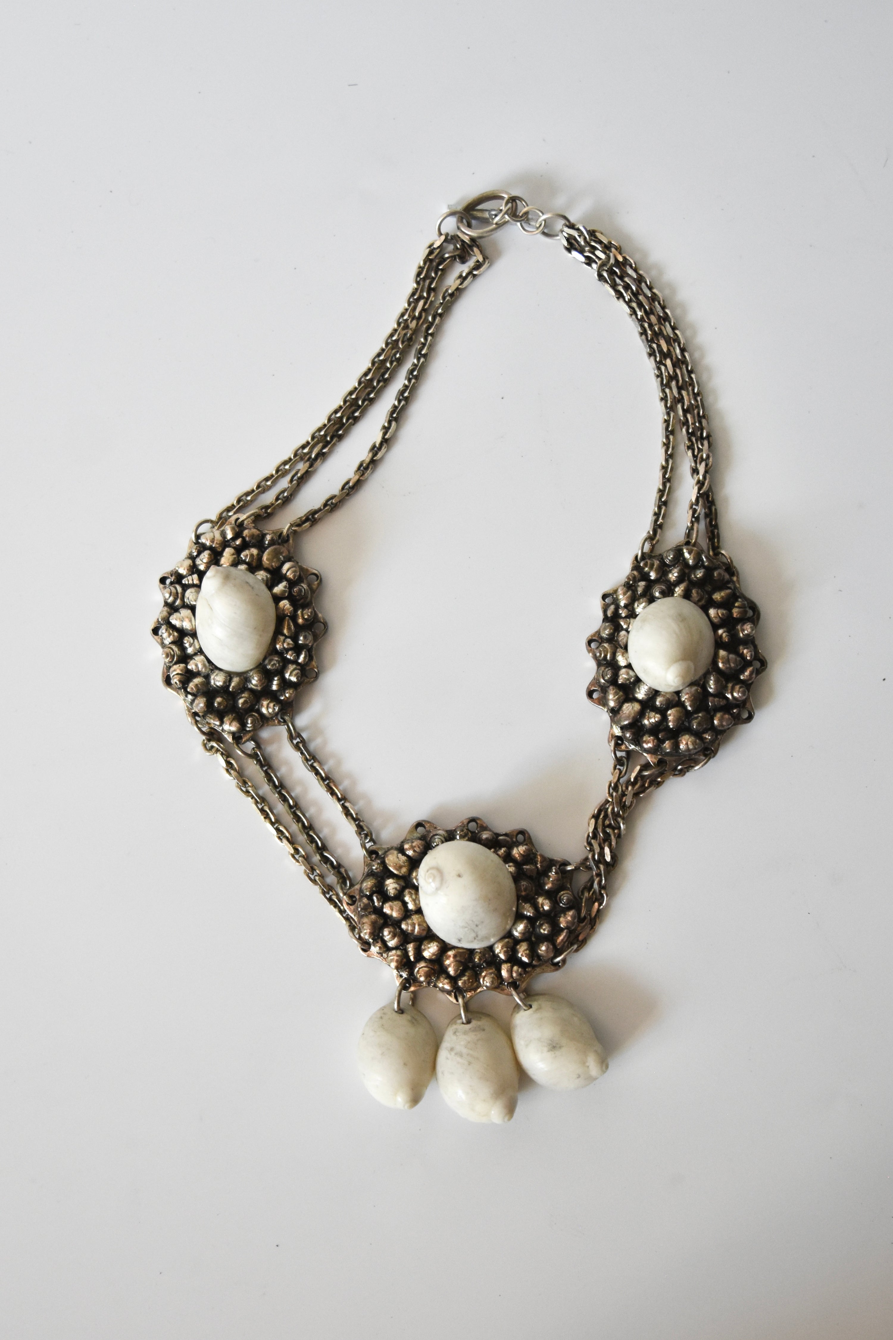 Chantal Thomass Vintage Triple Medallion Shell Necklace with Layered Chains & Dangle Drops (Rare Archive Jewelry)