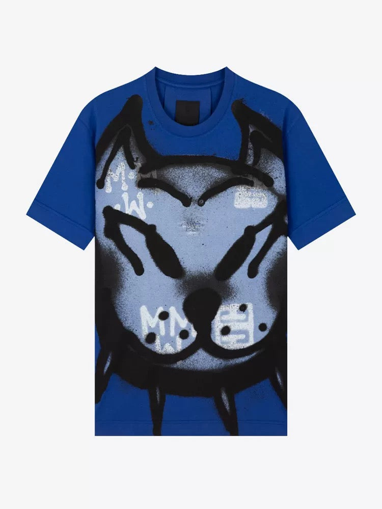 Givenchy Spray-Paint Bulldog Graphic Tee – Blue / Yellow