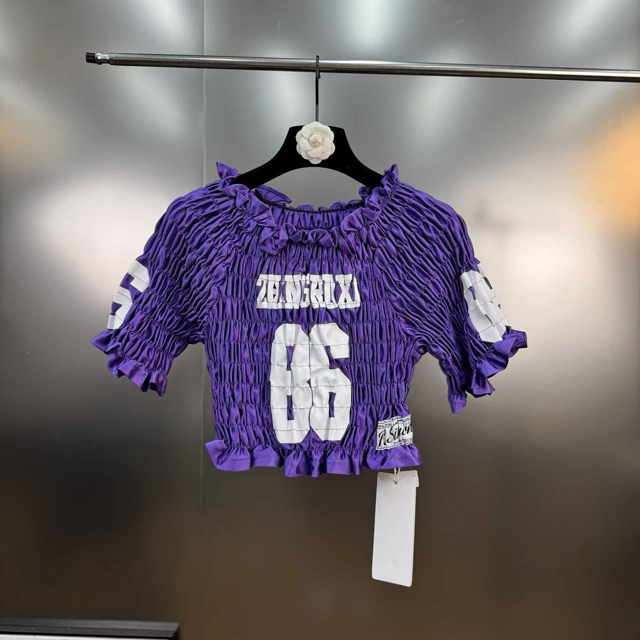 ZENGXIXI Ruched Jersey Number Crop Top – Blue / Black / Purple