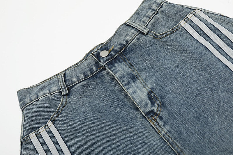 Panelled Stripe Tech-Curve Denim Shorts Unisex – Vintage Blue / Matte Black