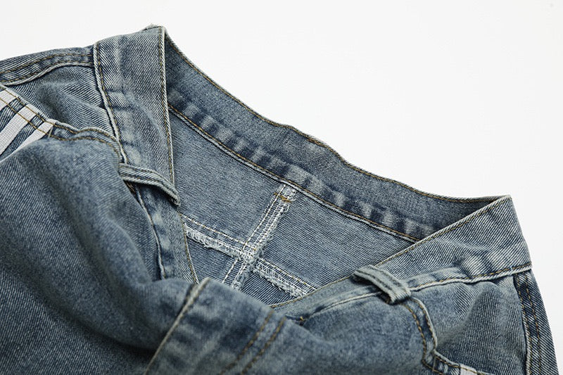 Panelled Stripe Tech-Curve Denim Shorts Unisex – Vintage Blue / Matte Black