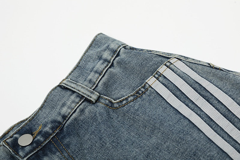 Panelled Stripe Tech-Curve Denim Shorts Unisex – Vintage Blue / Matte Black