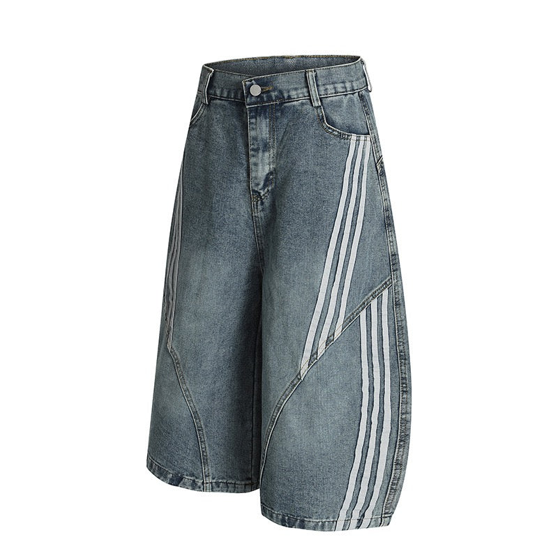 Panelled Stripe Tech-Curve Denim Shorts Unisex – Vintage Blue / Matte Black