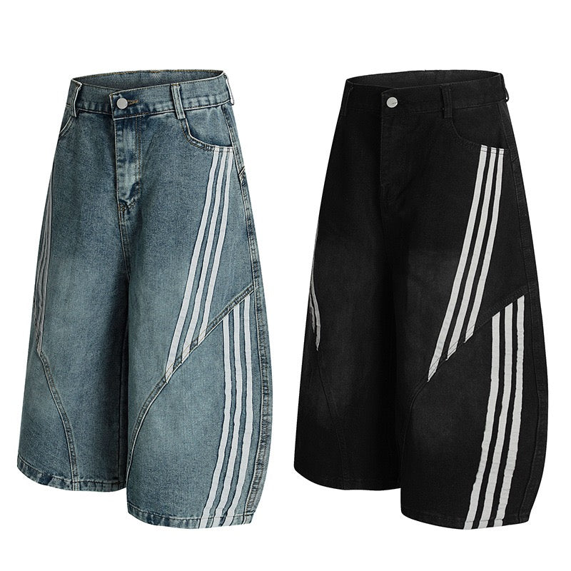 Panelled Stripe Tech-Curve Denim Shorts Unisex – Vintage Blue / Matte Black