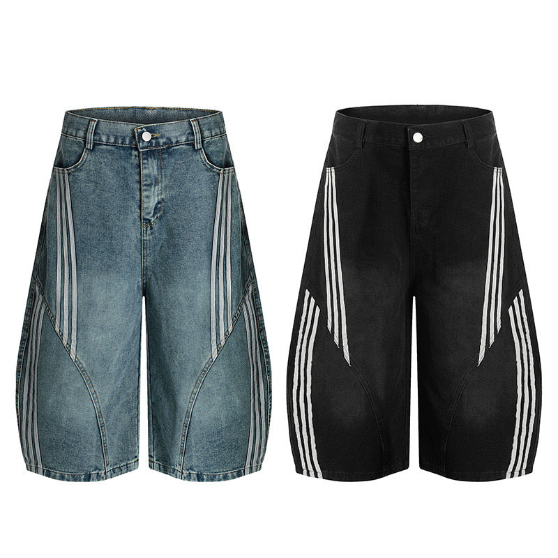 Panelled Stripe Tech-Curve Denim Shorts Unisex – Vintage Blue / Matte Black