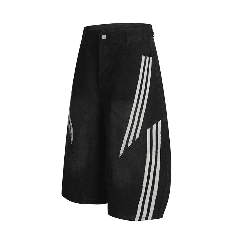 Panelled Stripe Tech-Curve Denim Shorts Unisex – Vintage Blue / Matte Black