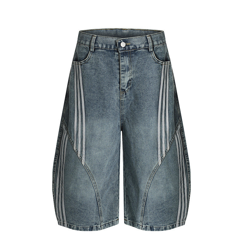Panelled Stripe Tech-Curve Denim Shorts Unisex – Vintage Blue / Matte Black
