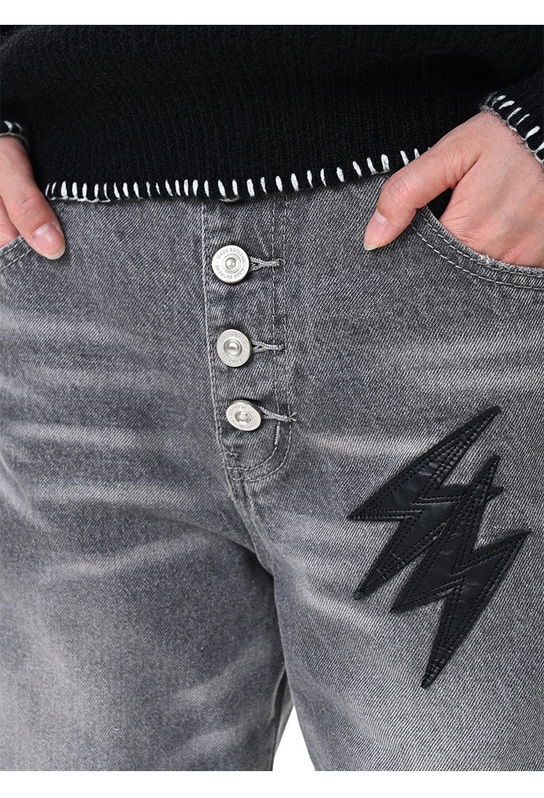 Star-Bolt Graphic Wide-Leg Denim Jeans – Charcoal / Blue / Black