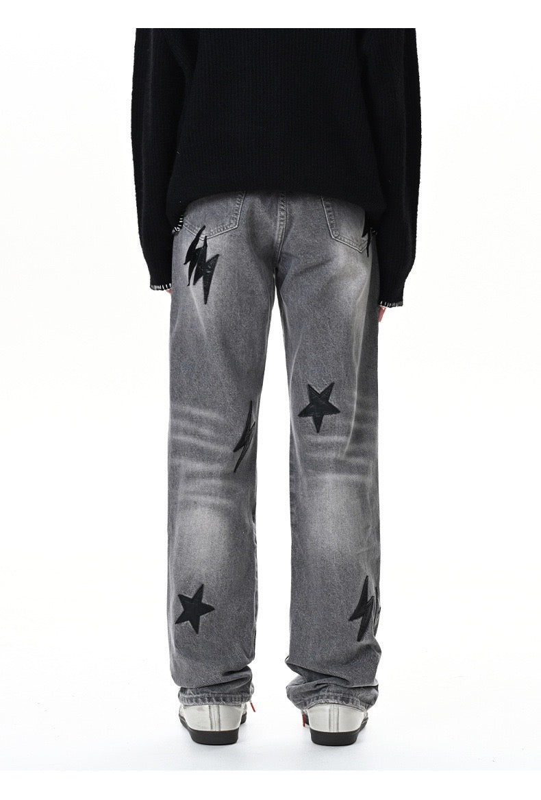 Star-Bolt Graphic Wide-Leg Denim Jeans – Charcoal / Blue / Black
