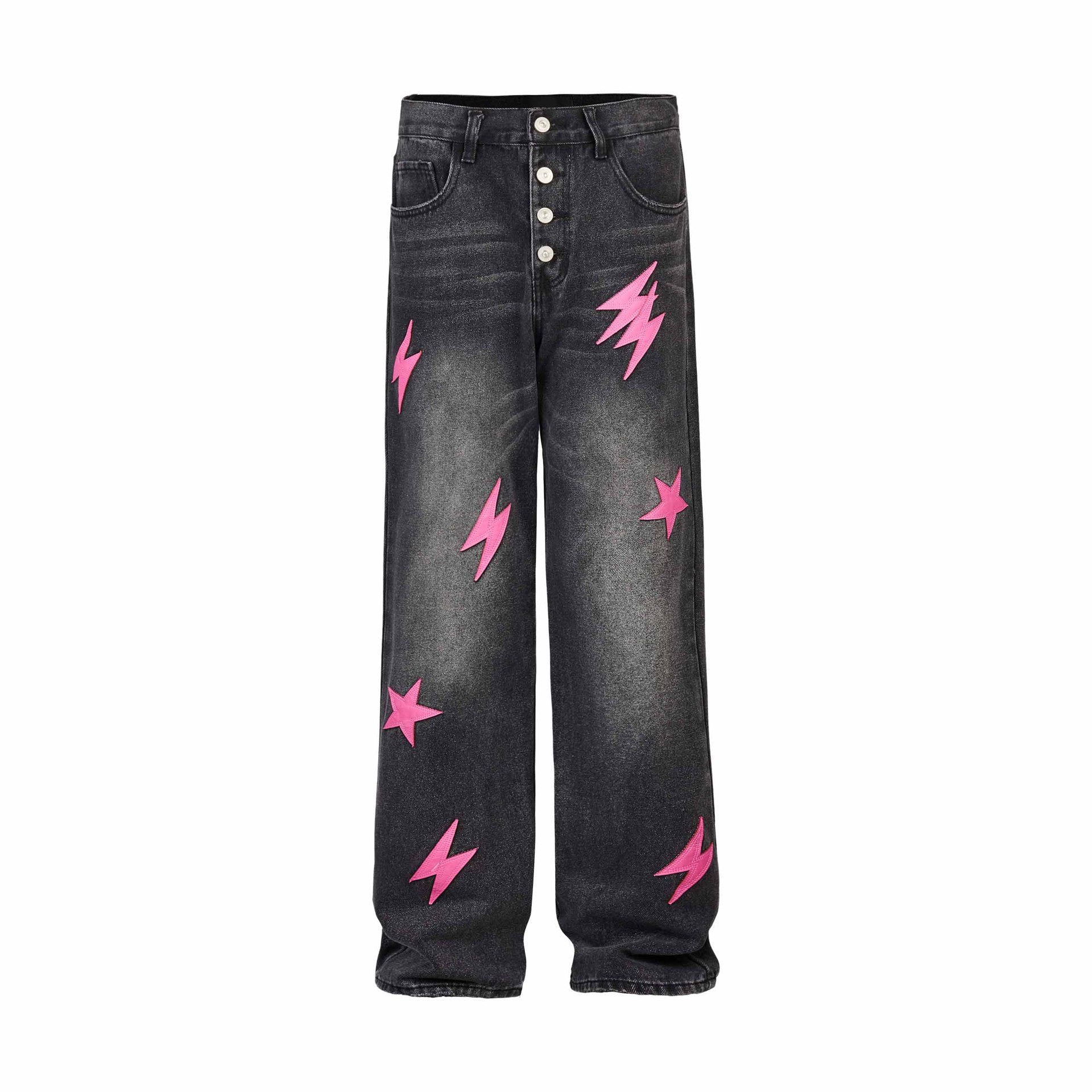 Star-Bolt Graphic Wide-Leg Denim Jeans – Charcoal / Blue / Black