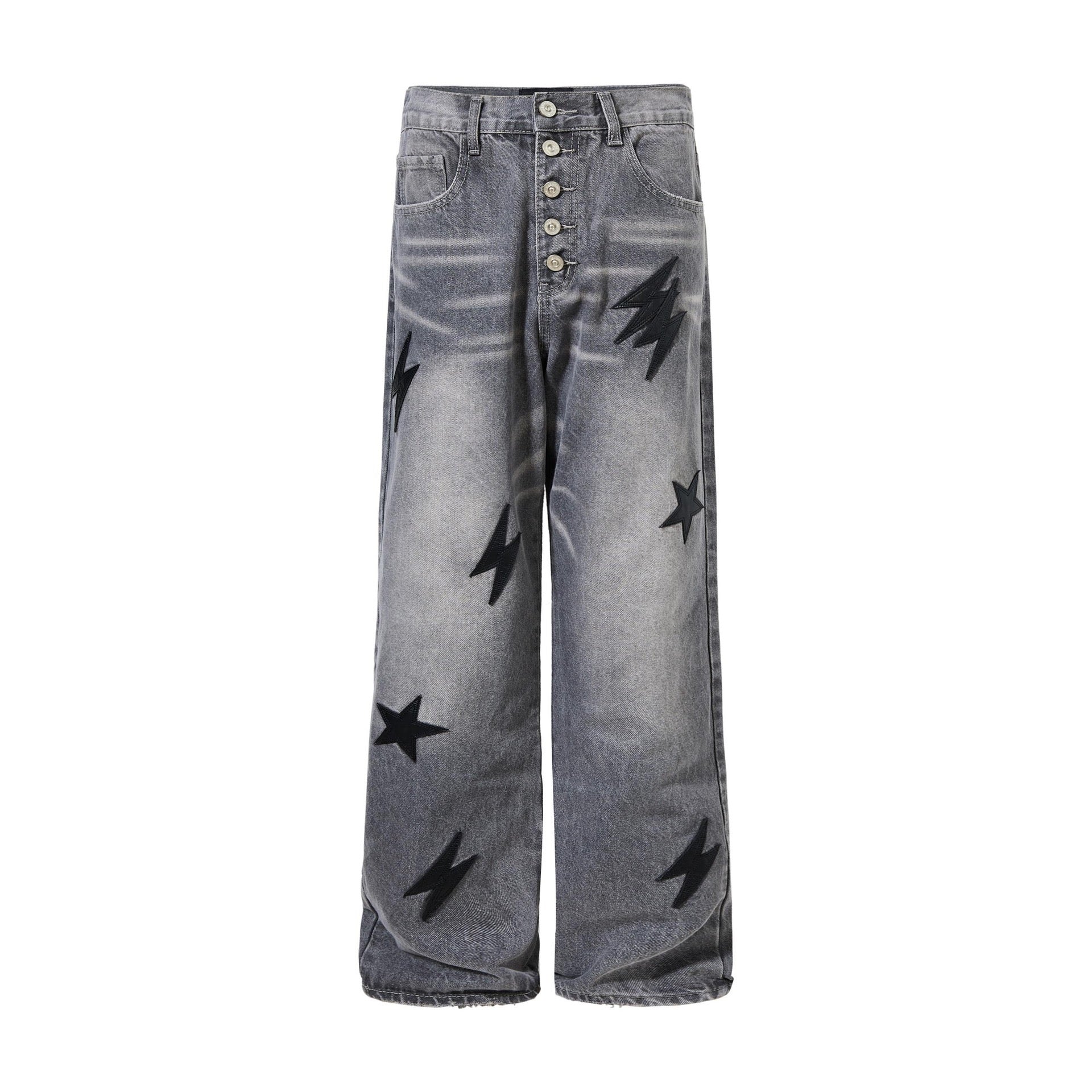 Star-Bolt Graphic Wide-Leg Denim Jeans – Charcoal / Blue / Black