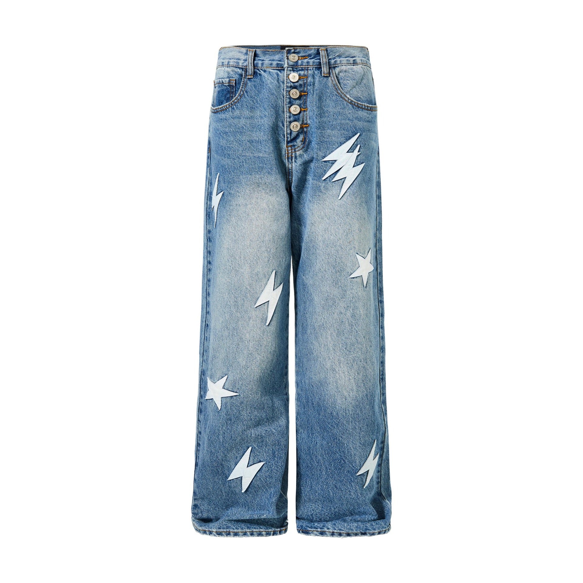Star-Bolt Graphic Wide-Leg Denim Jeans – Charcoal / Blue / Black