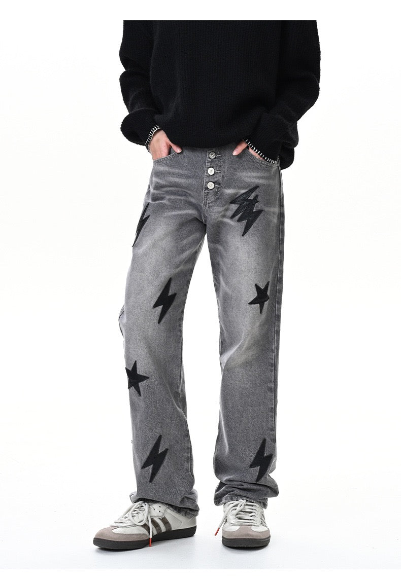 Star-Bolt Graphic Wide-Leg Denim Jeans – Charcoal / Blue / Black