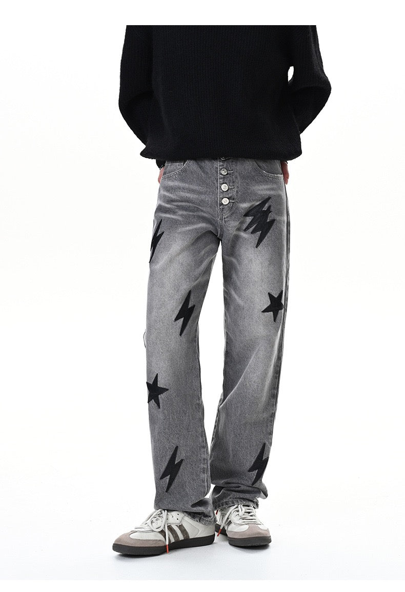 Star-Bolt Graphic Wide-Leg Denim Jeans – Charcoal / Blue / Black