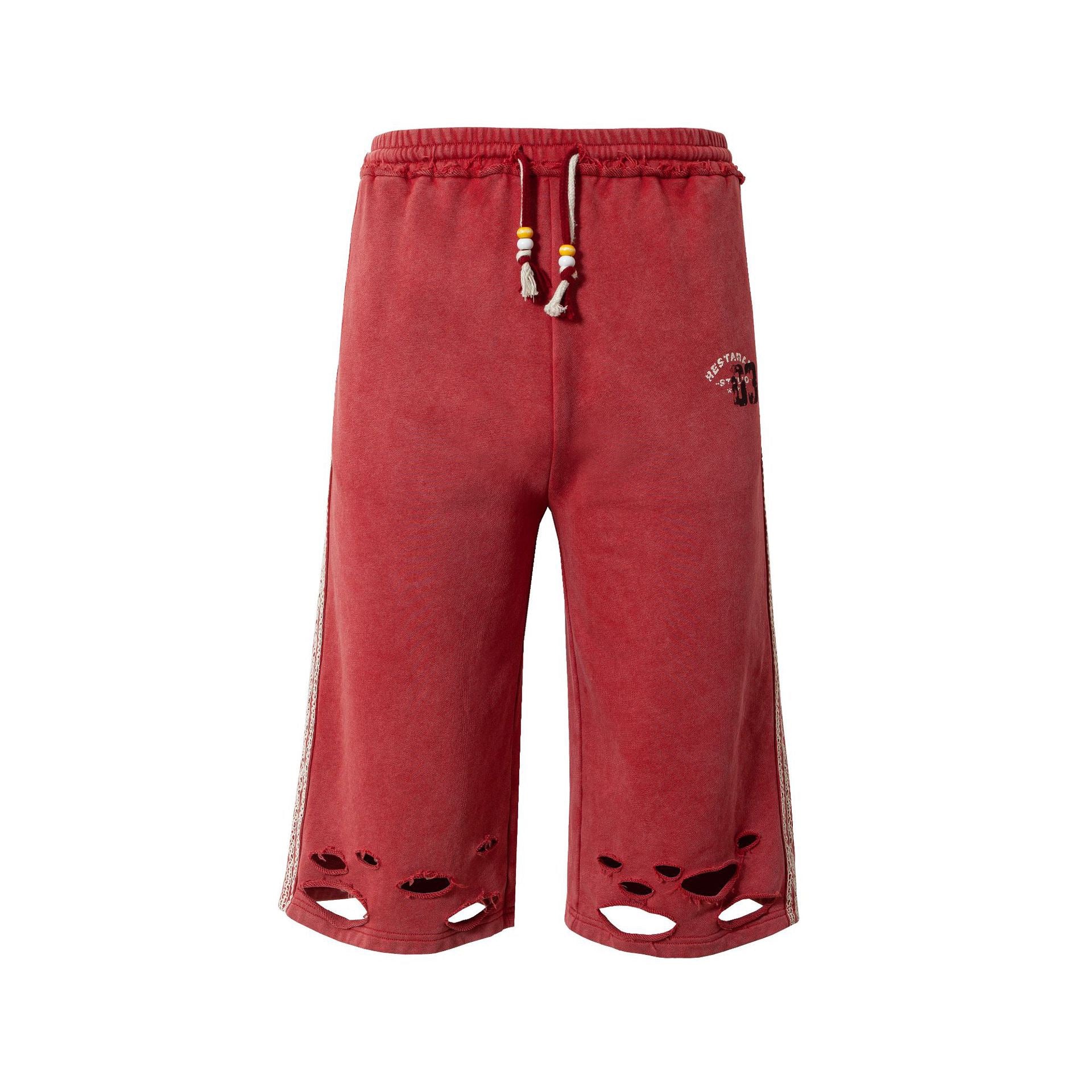 Distressed Beaded-Drawcord Track Shorts – Crimson Red