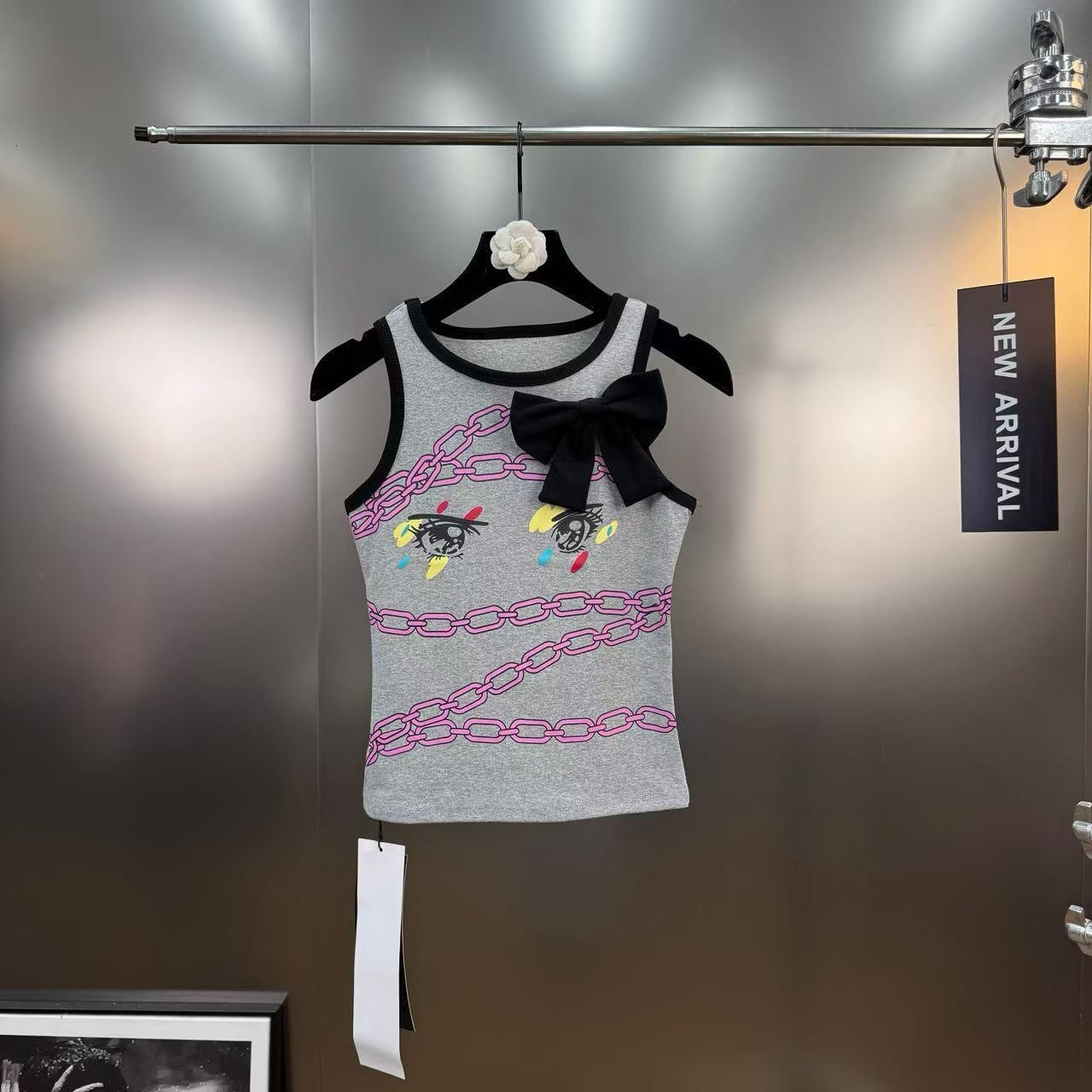 Chain-Eye Bow Tank Top – Pink / Grey / White / Black