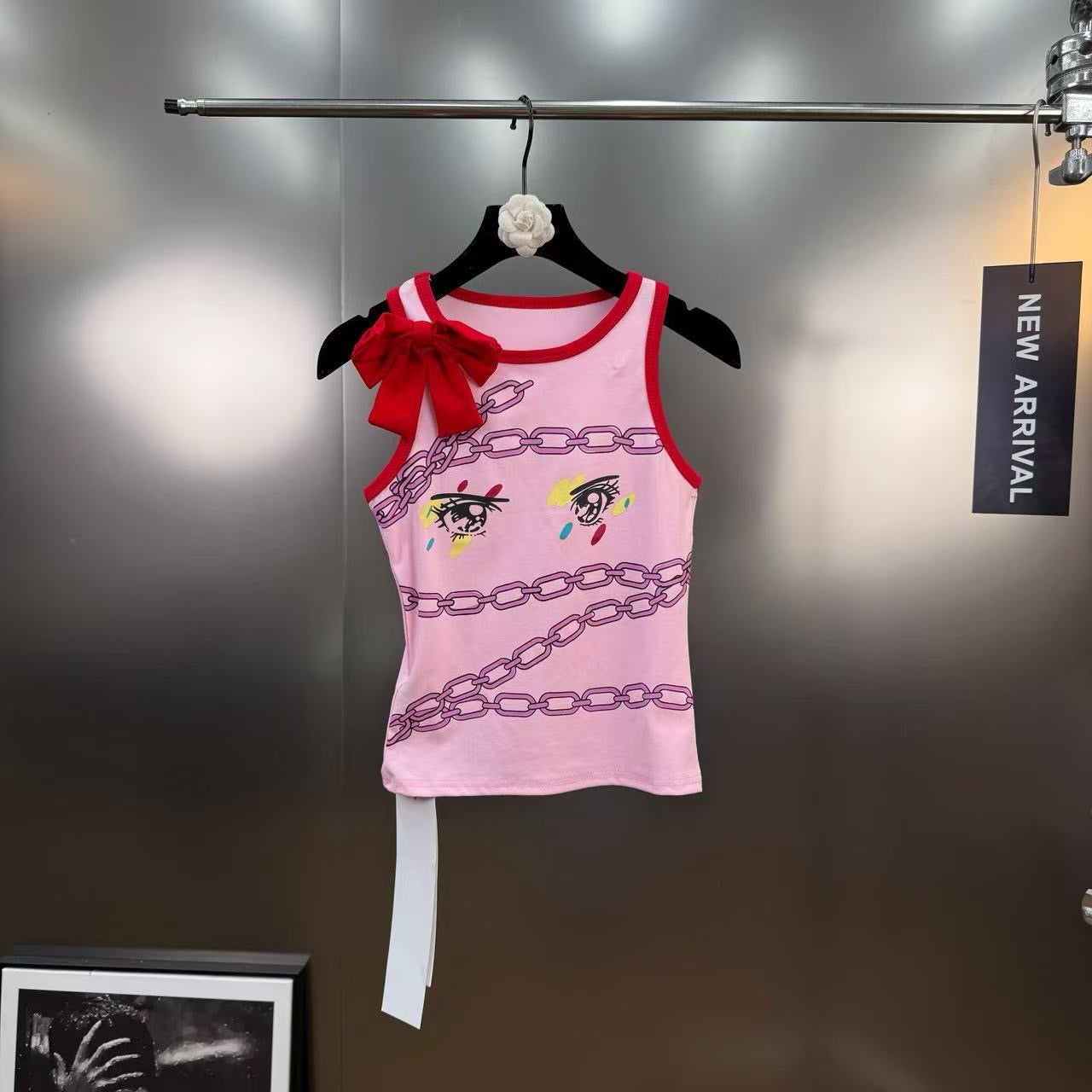 Chain-Eye Bow Tank Top – Pink / Grey / White / Black