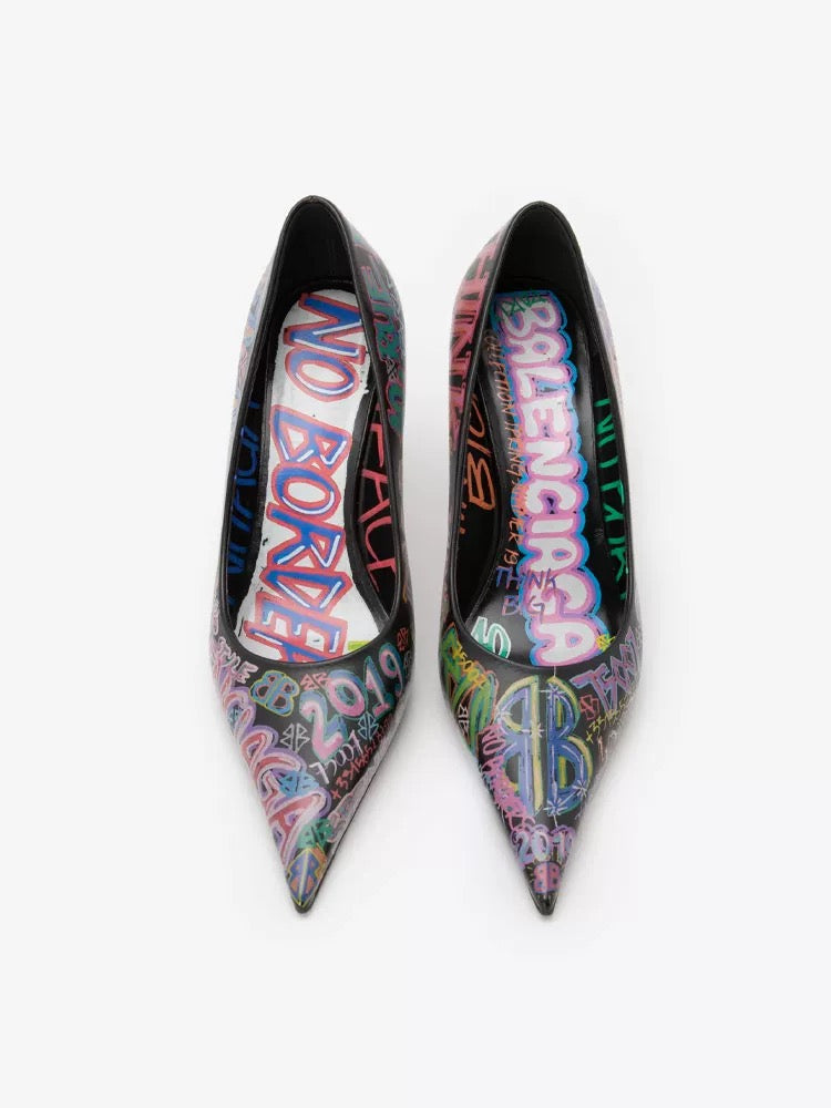 Balenciaga Graffiti Print Pointed-Toe Pumps – Black Multicolor