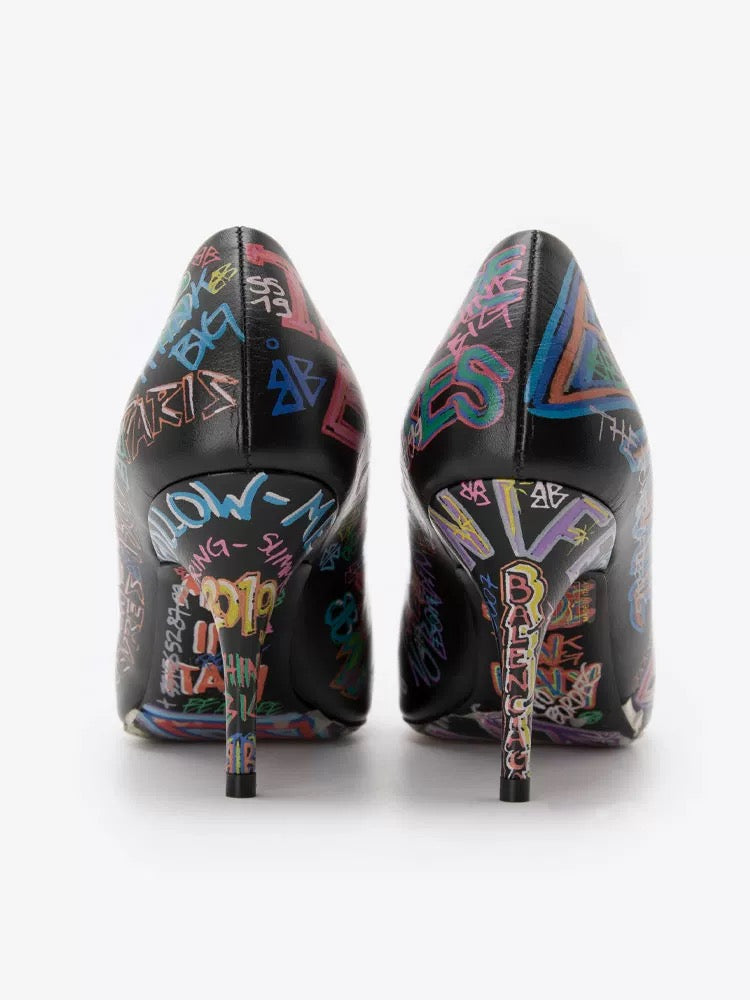 Balenciaga Graffiti Print Pointed-Toe Pumps – Black Multicolor