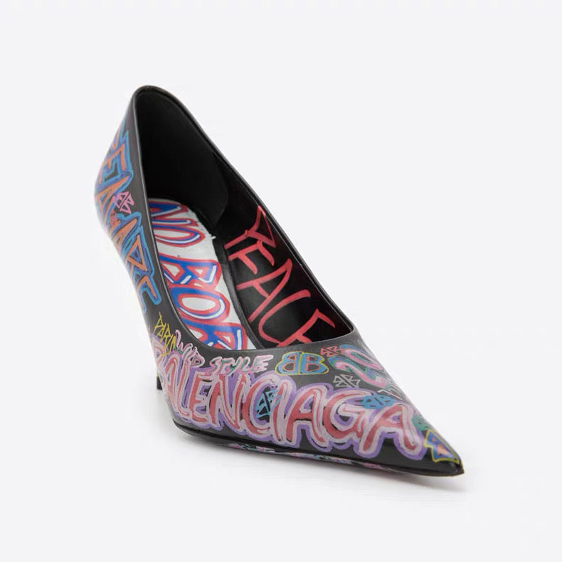 Balenciaga Graffiti Print Pointed-Toe Pumps – Black Multicolor