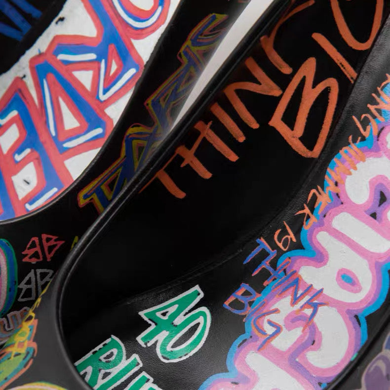 Balenciaga Graffiti Print Pointed-Toe Pumps – Black Multicolor
